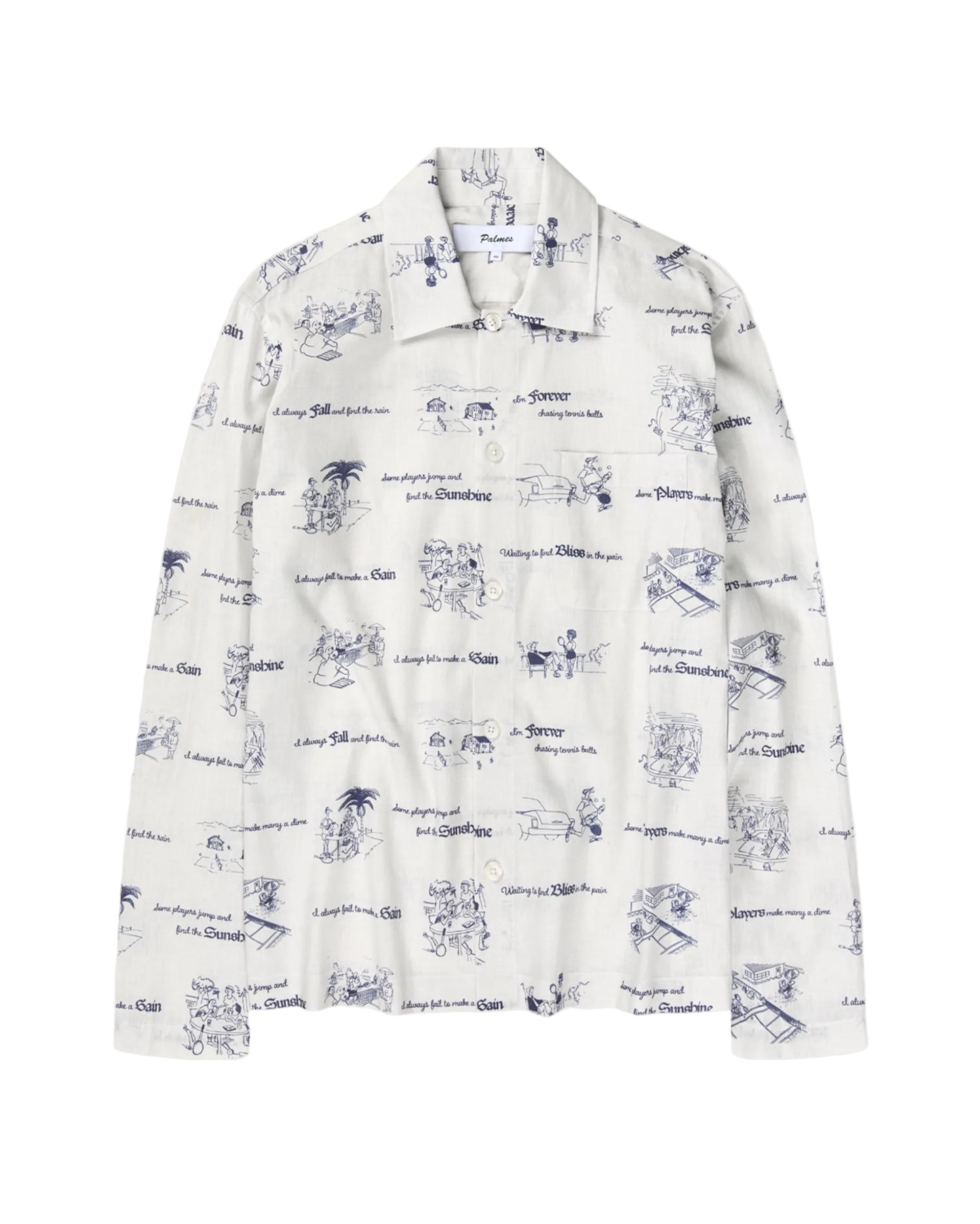 White shirt with blue pattern on a light white background
