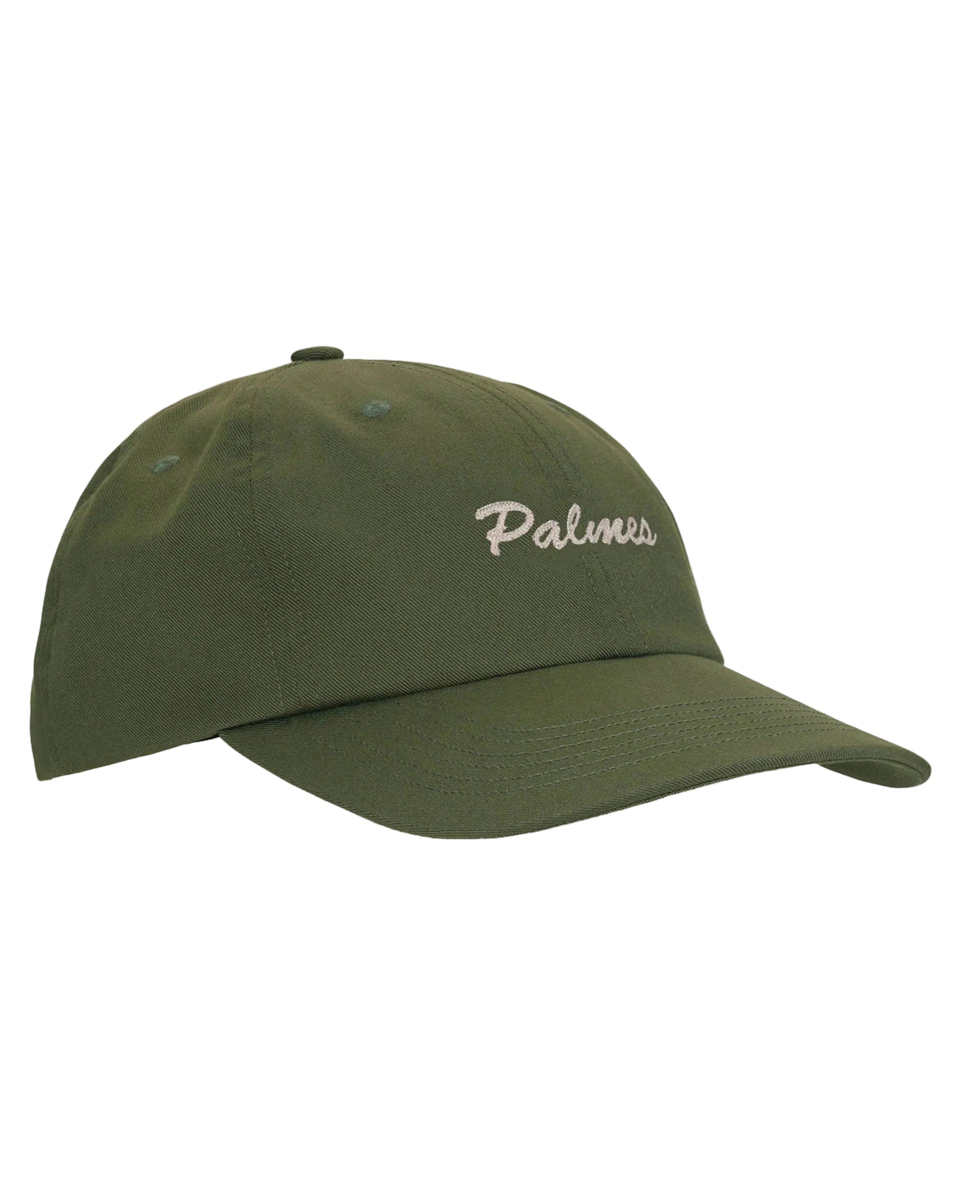 PALMES Logo 6 Panel Cap in green - side view showing embroidered logo