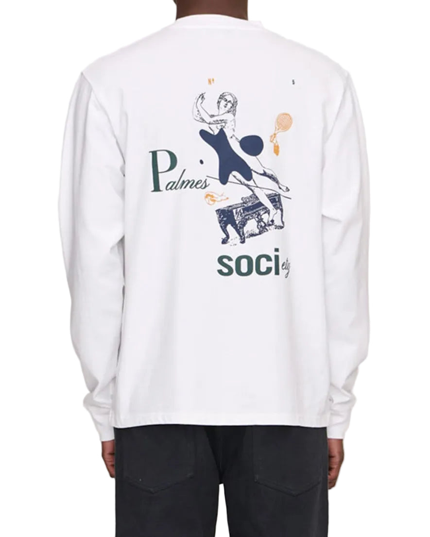 Person wearing a white long-sleeve shirt with a graphic design on the back, standing against a plain background.