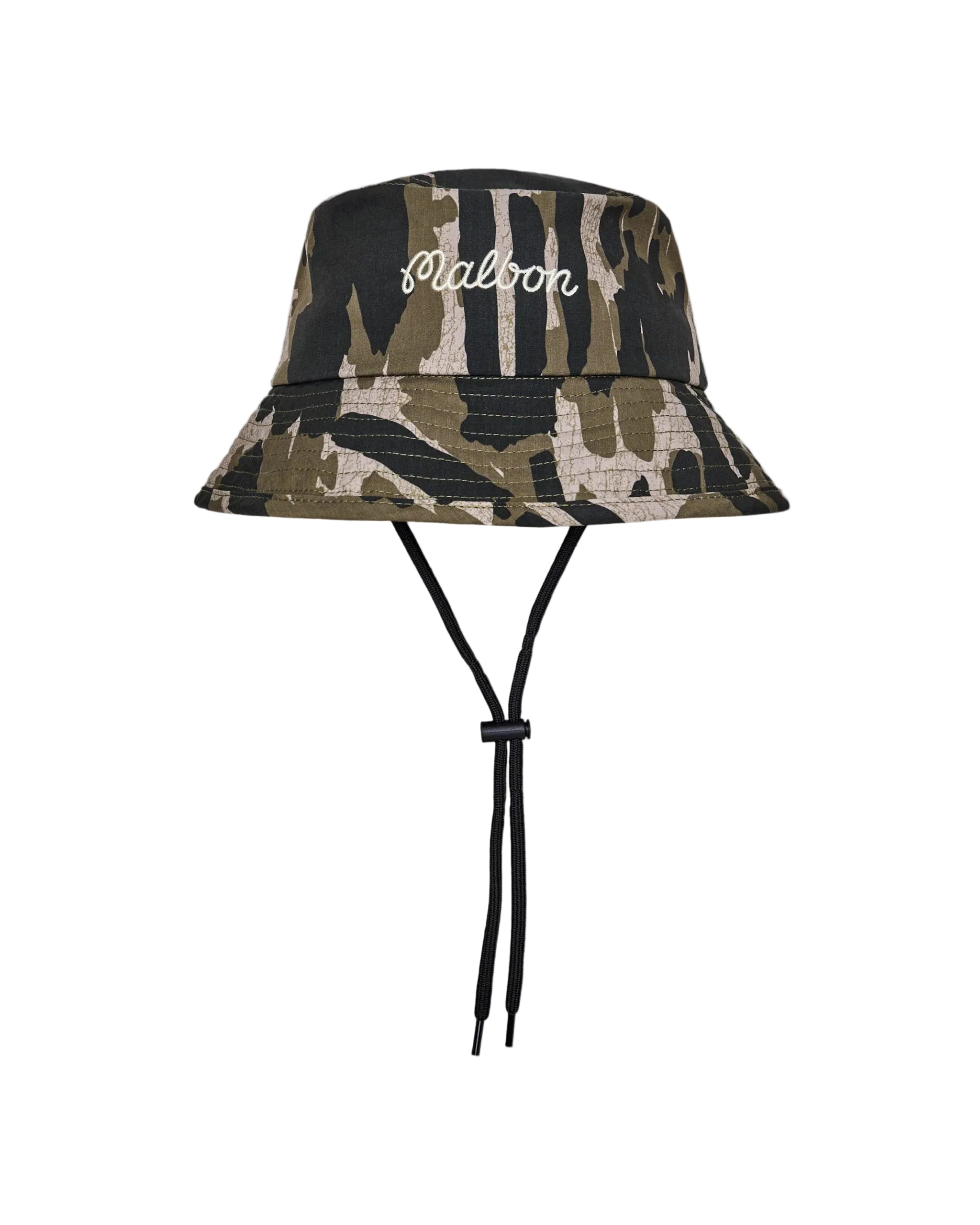 Camouflage bucket hat with brand logo on a white background