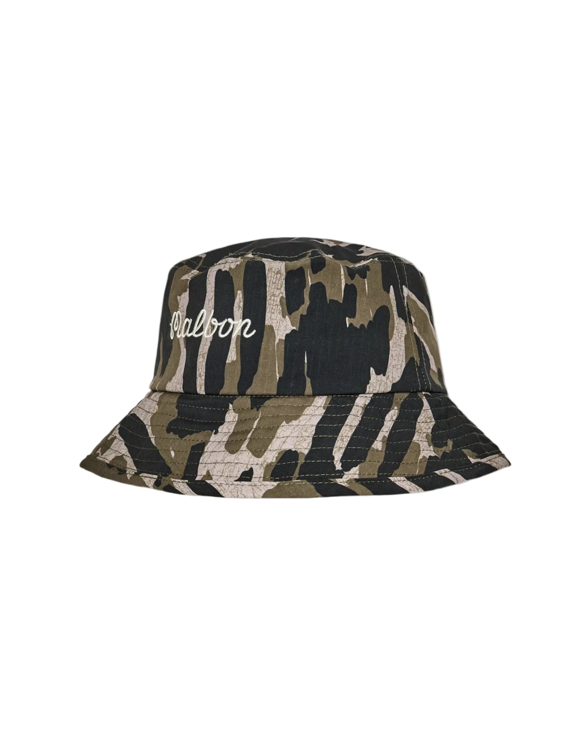 Camouflage bucket hat with 'Balcon' branding on a white background