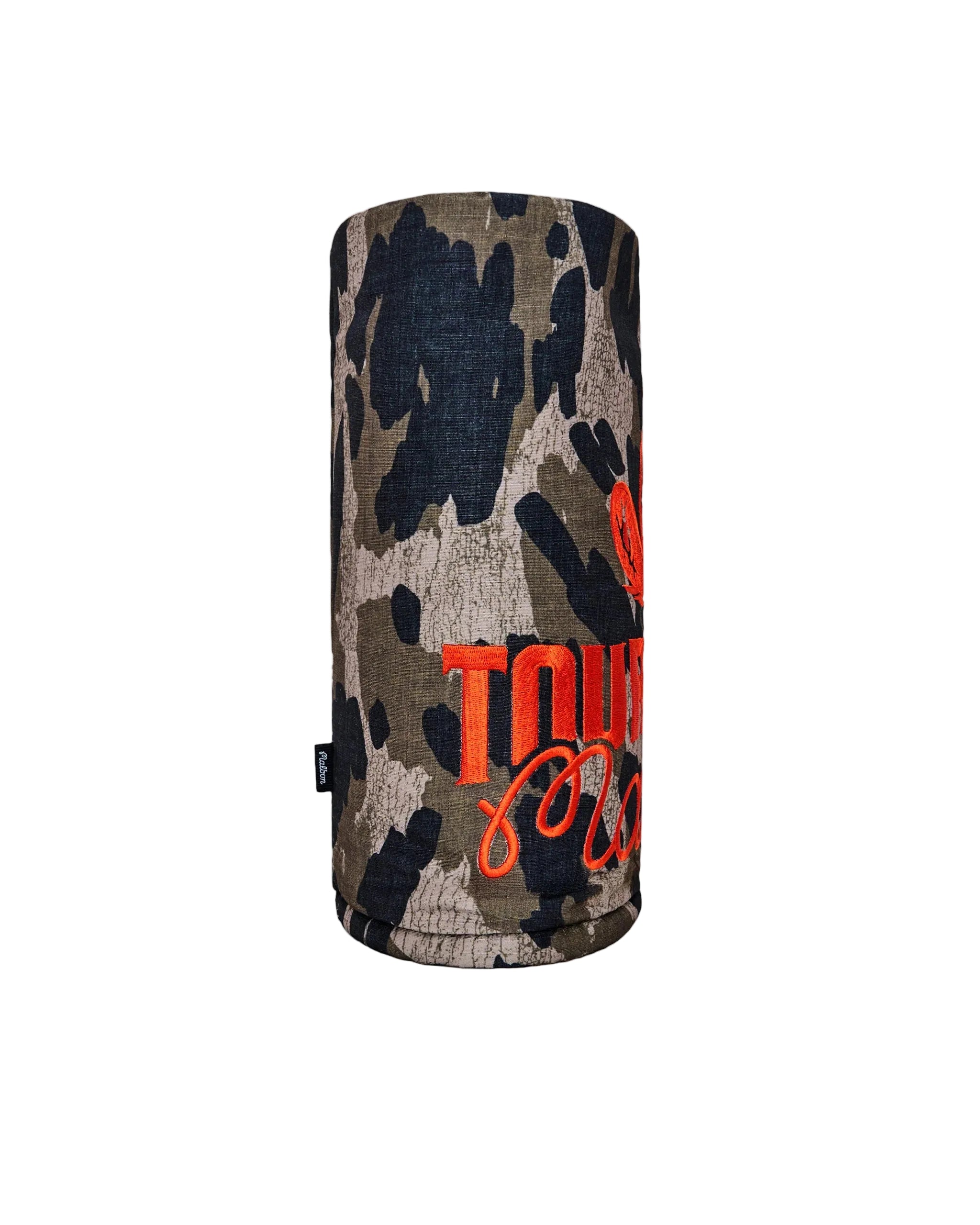 Camouflage-patterned driver cover with orange text on a white background