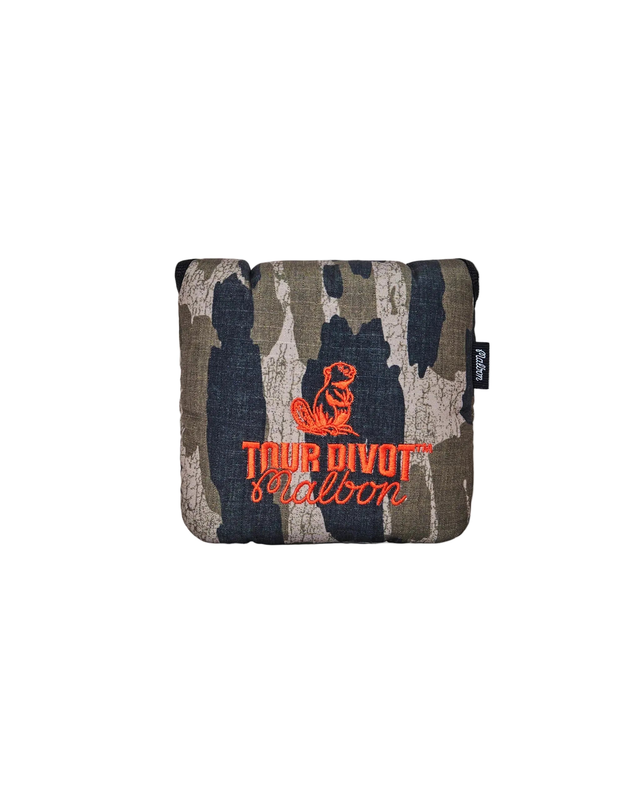 Camo-patterned mallet cover with 'Tour Divot' branding on a white background