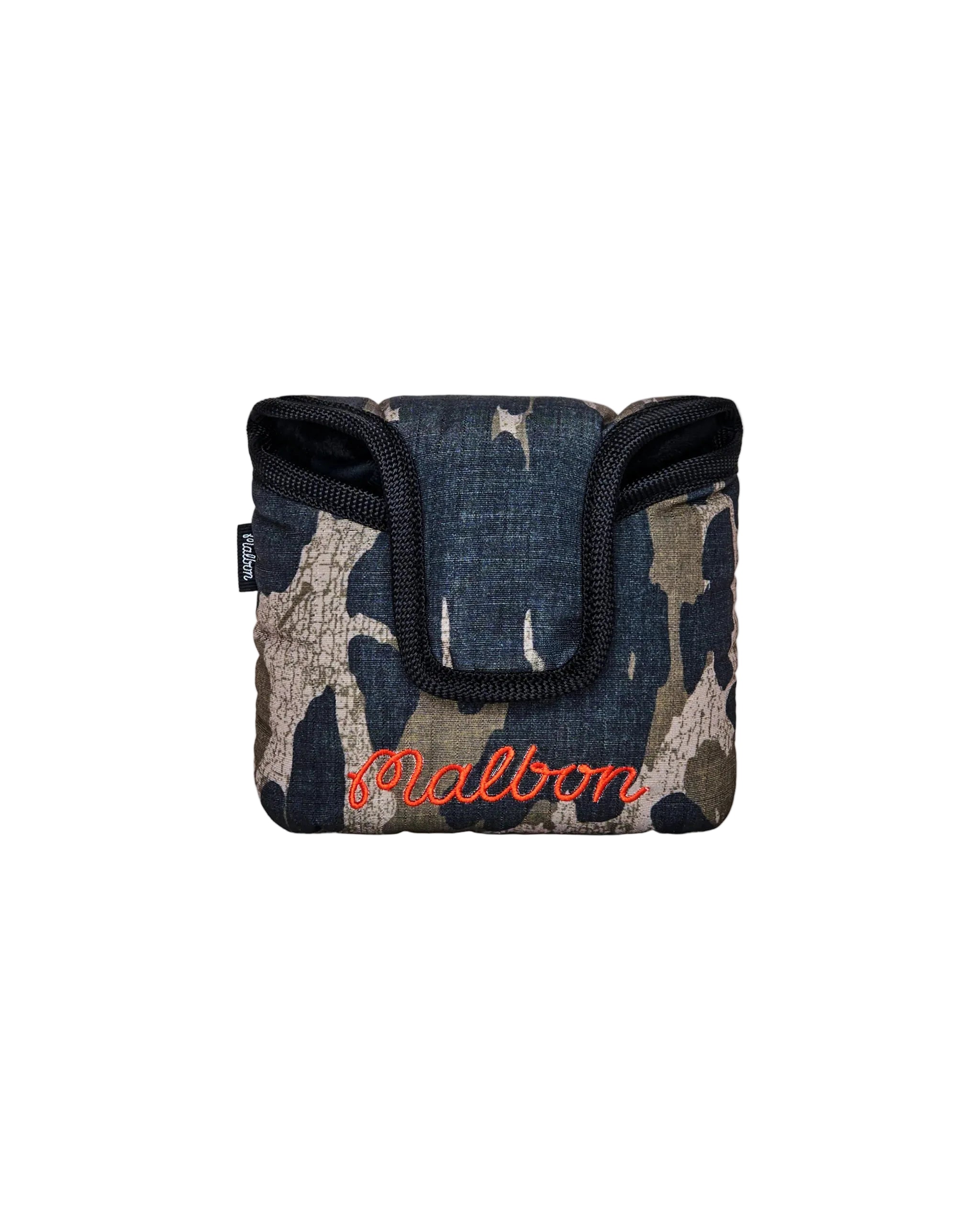 Camouflage-patterned mallet cover with 'Malbon' branding on a white background