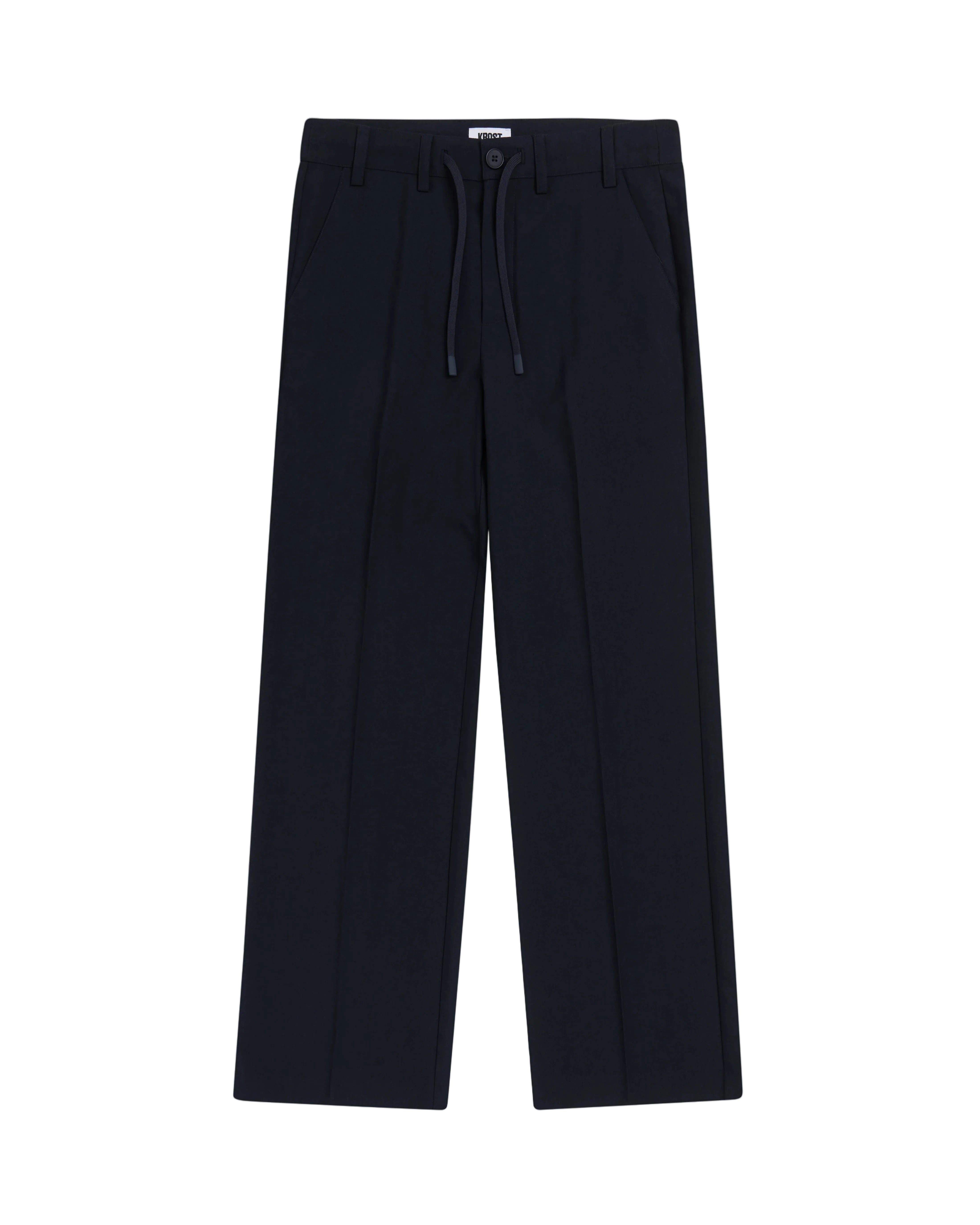 Navy pants with a drawstring on a white background
