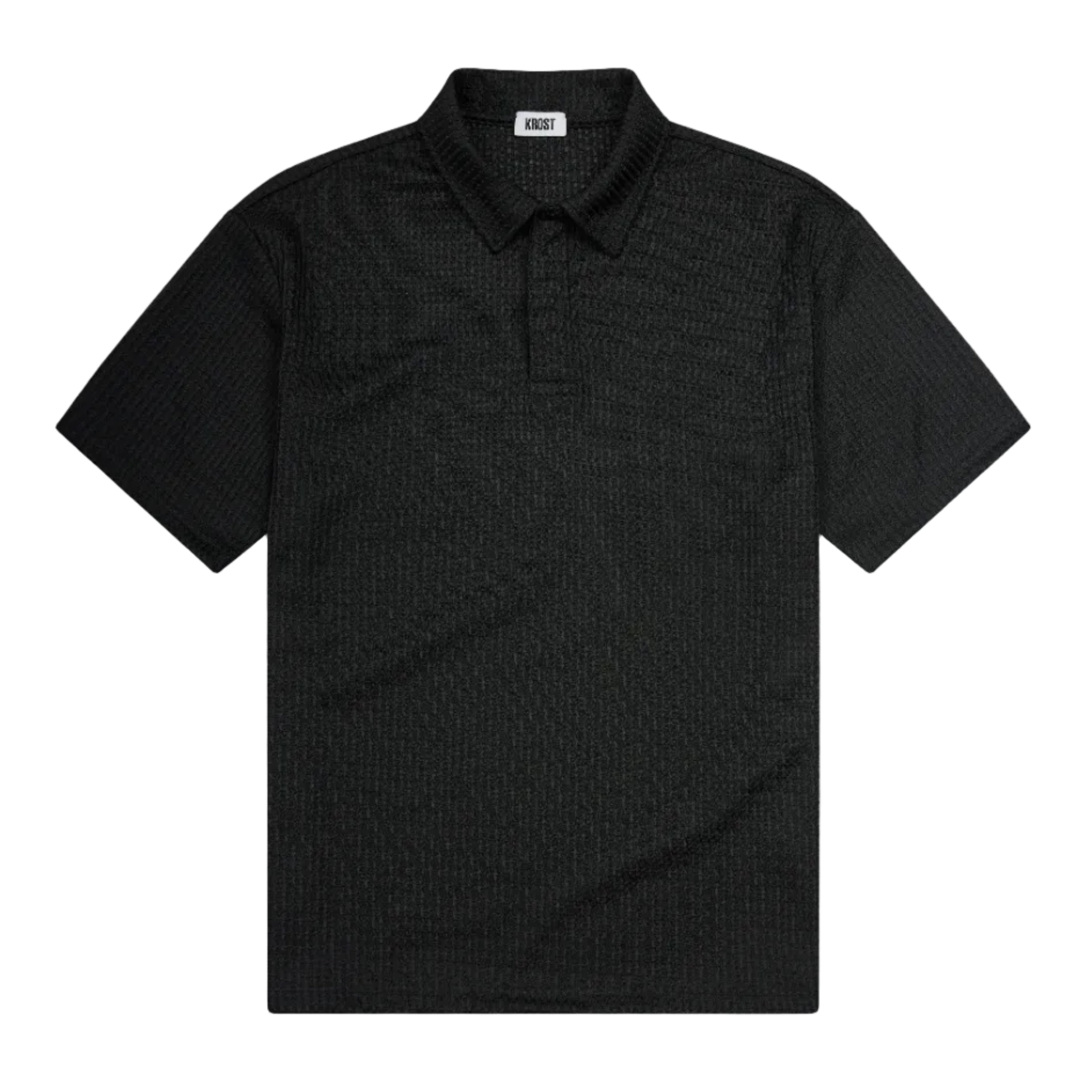 Black textured polo shirt on a light gray background