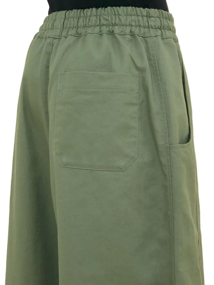 NICHOLAS DALEY Wide Leg Trousers in olive green showing elastic waistband and back pocket detail