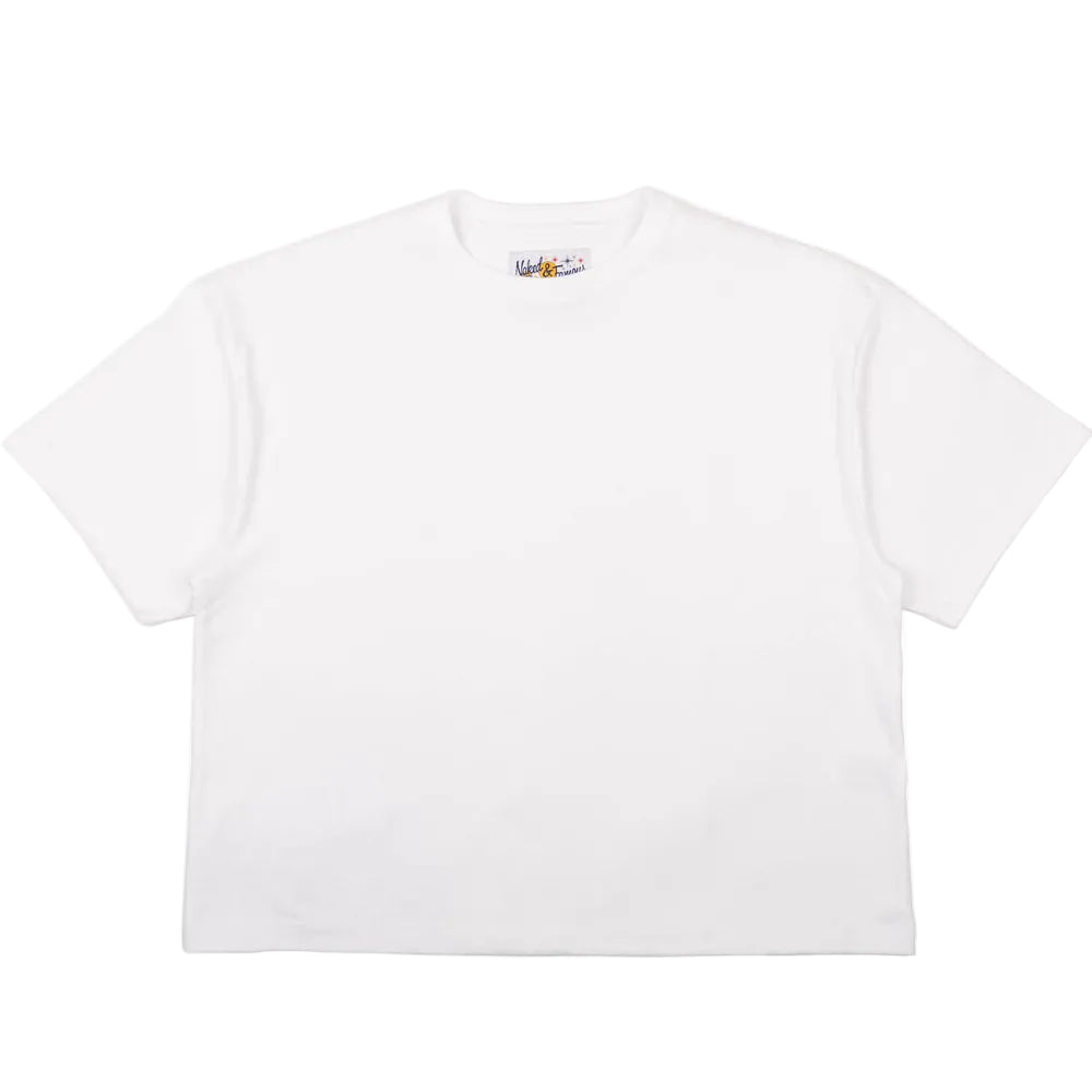 White t-shirt with a brand logo on the chest against a white background
