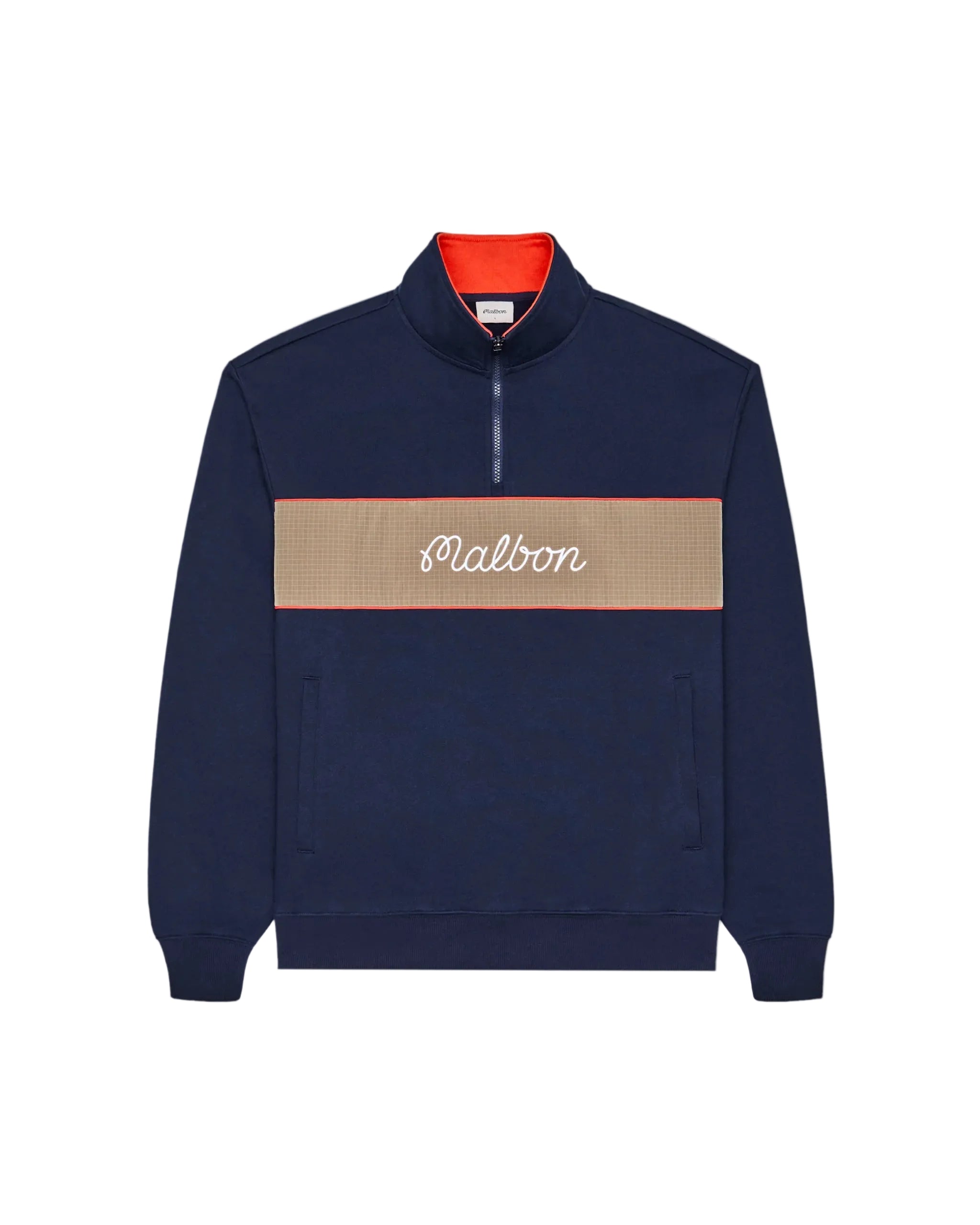 Navy blue sweatshirt with a beige band and red lining on a white background