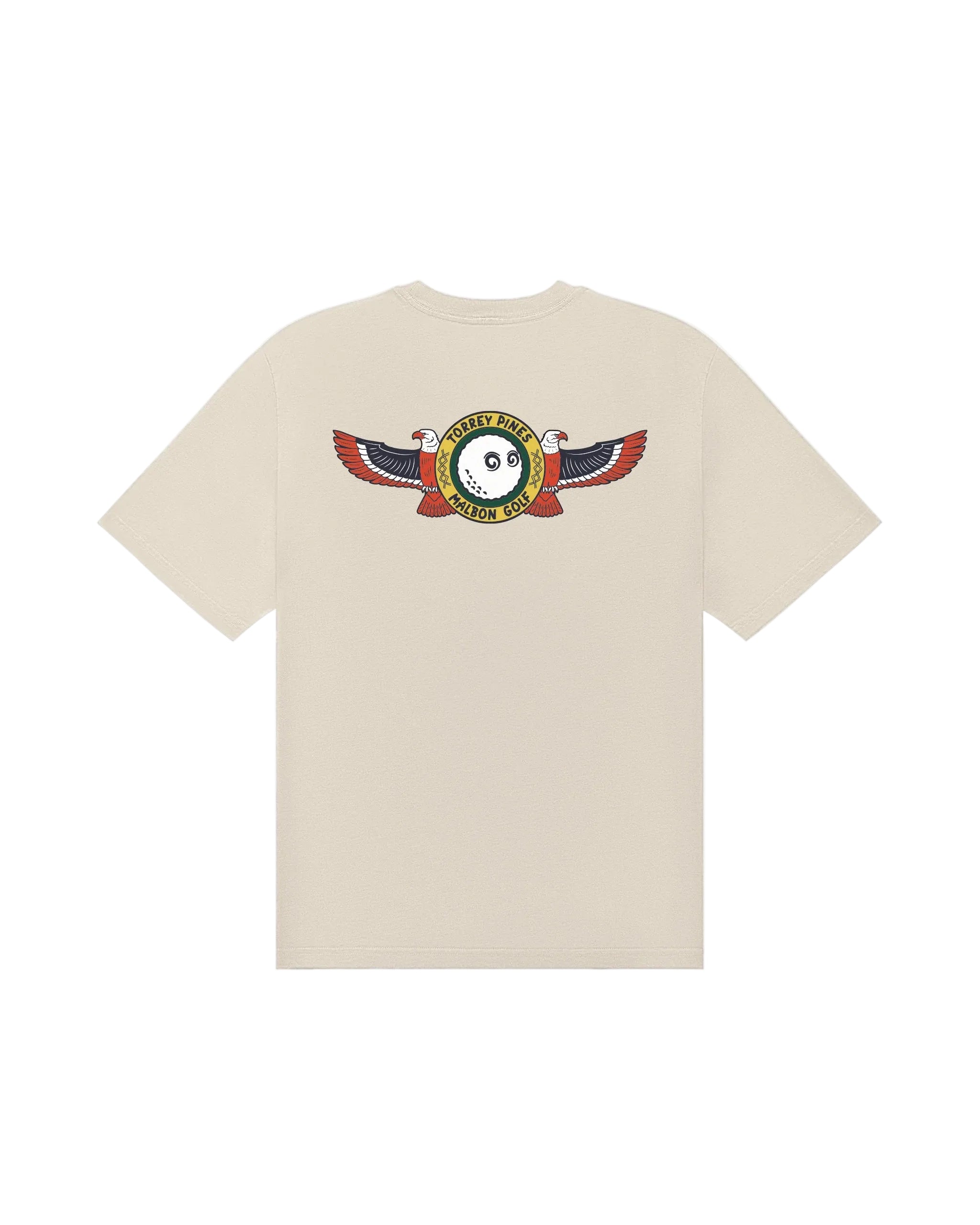 Malbon Golf Torrey Pines Bermuda Tee in egret with winged eagle graphic on back