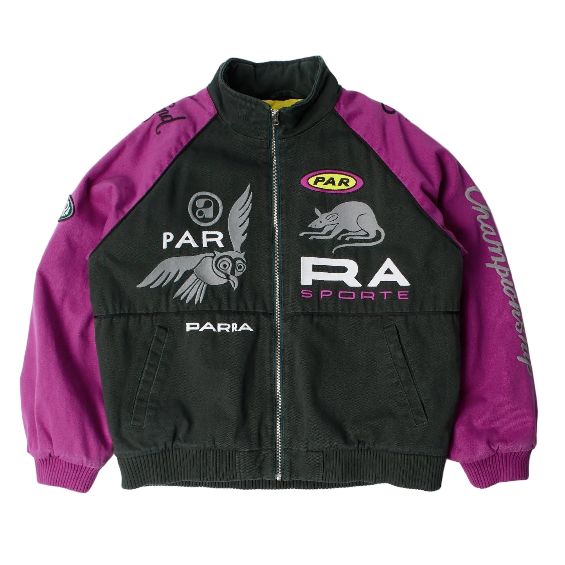 Owl Meets Rats Racing Jacket in Black by By Parra – front view