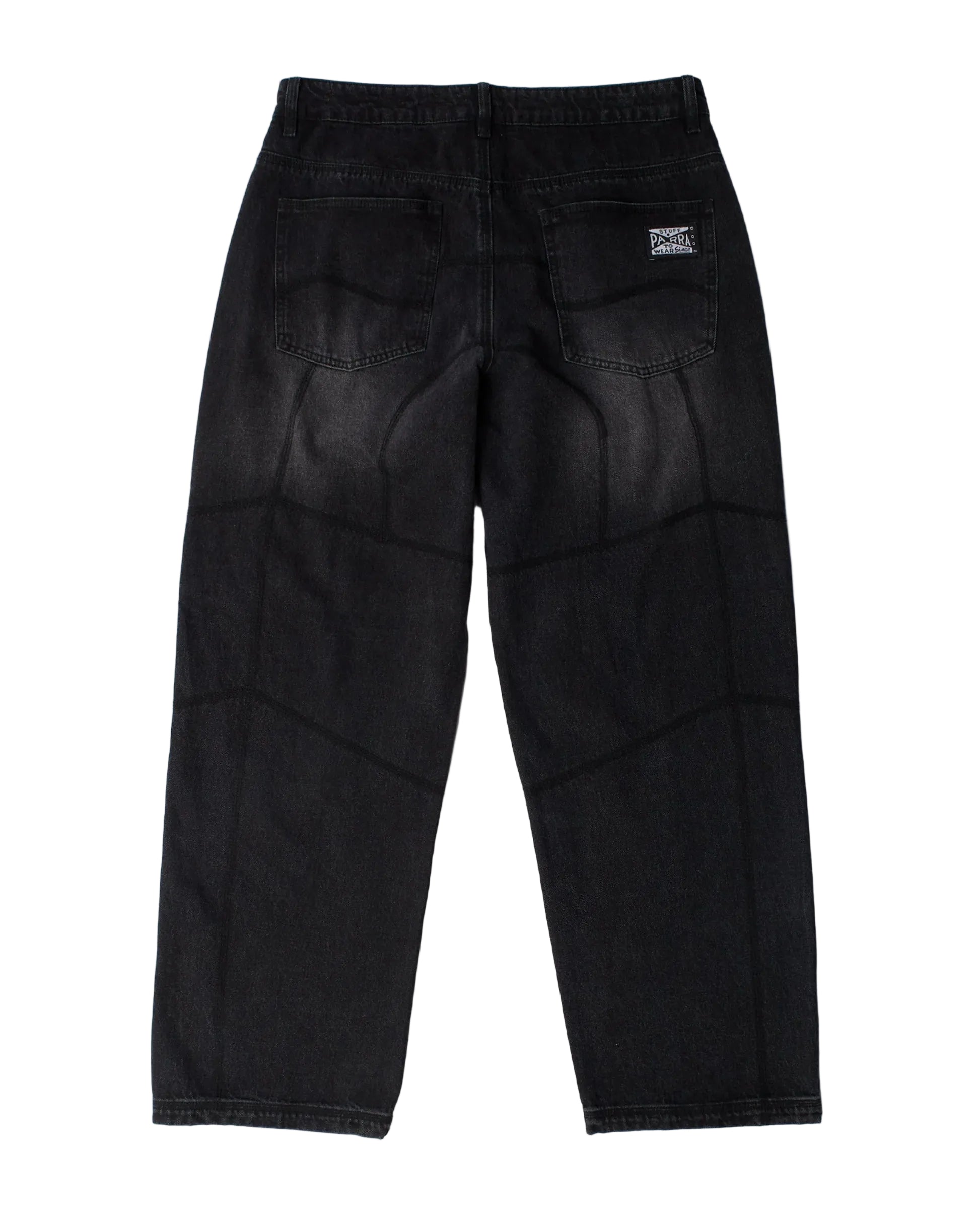 BY PARRA Moto Stitched Pants in black, relaxed fit men's jeans, back view