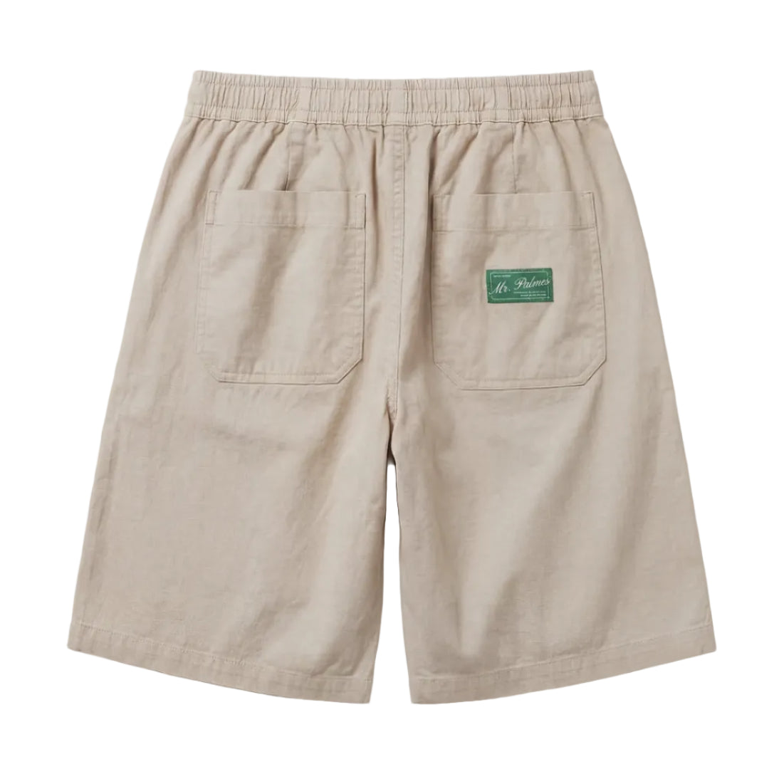 Beige shorts with a green label on a white background, back view