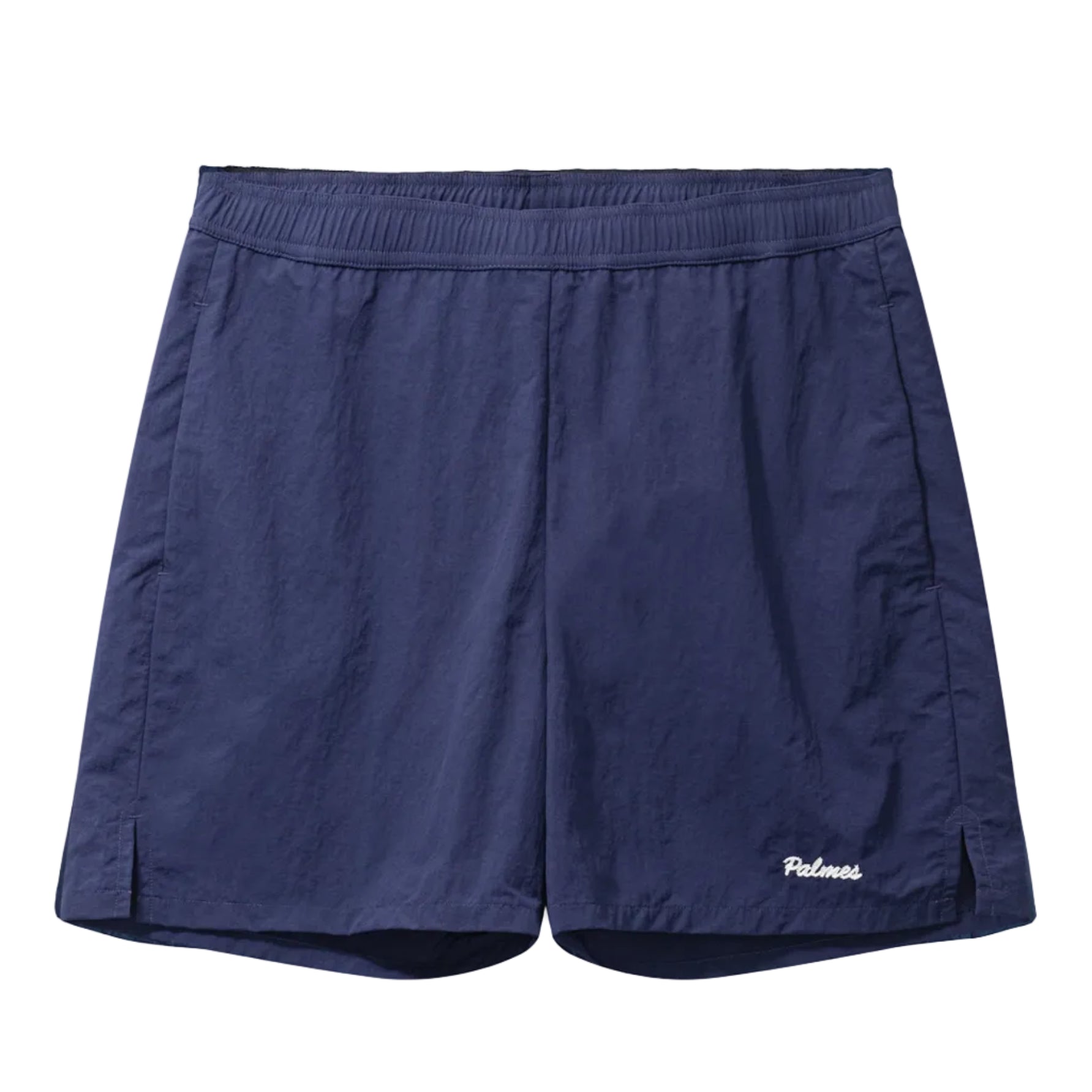 Navy blue shorts with a brand logo on a white background