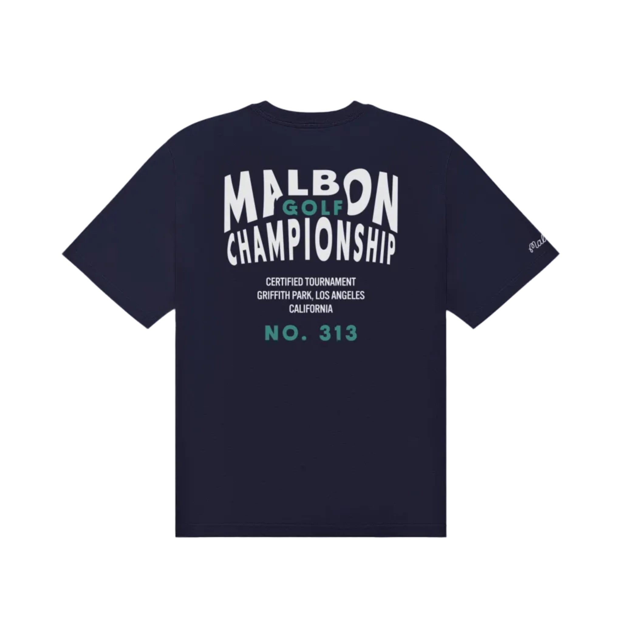 Navy blue t-shirt with white and green text on a white background