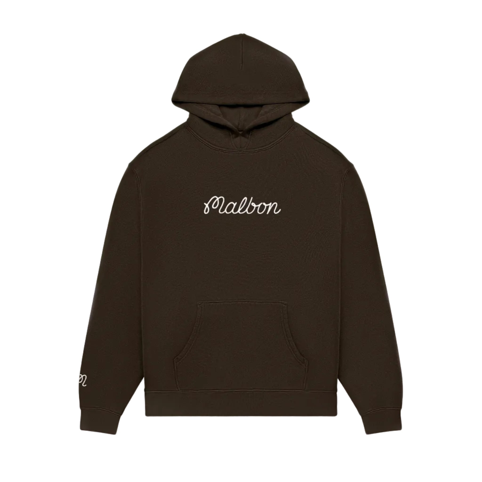 Brown hoodie with 'Malbon' branding on a white background