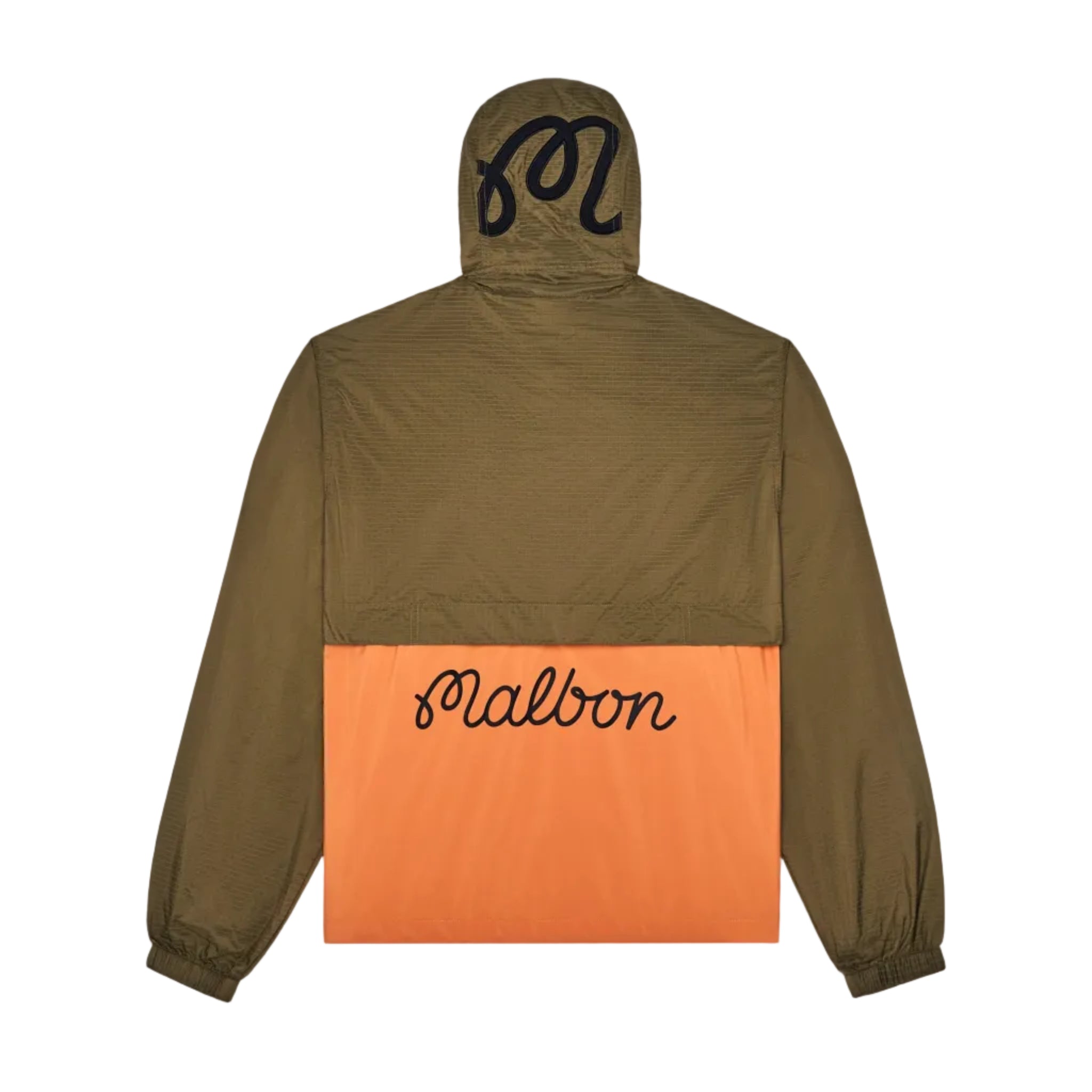 Back view of an olive and orange hooded windbreaker on a white background