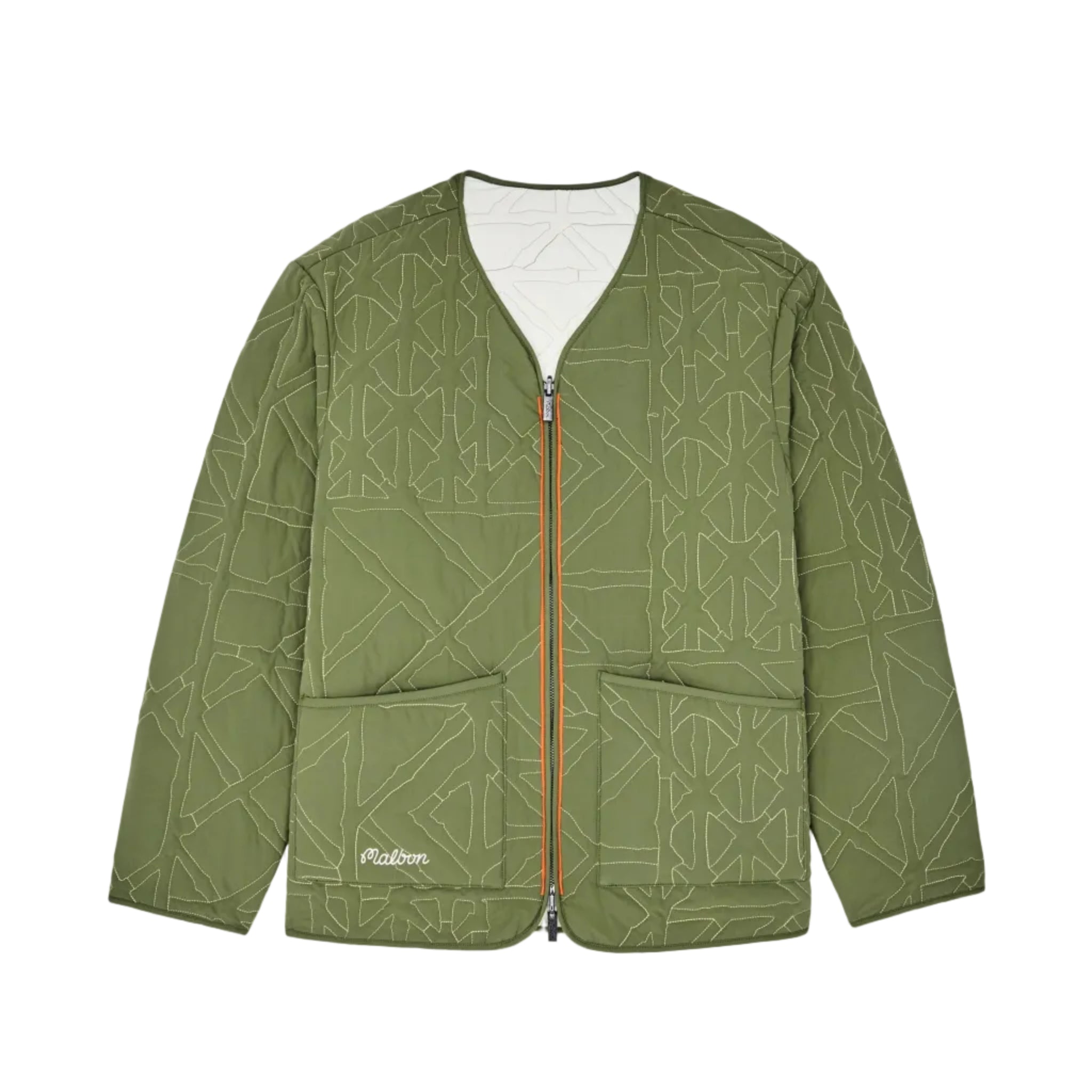Green jacket with geometric pattern on a white background