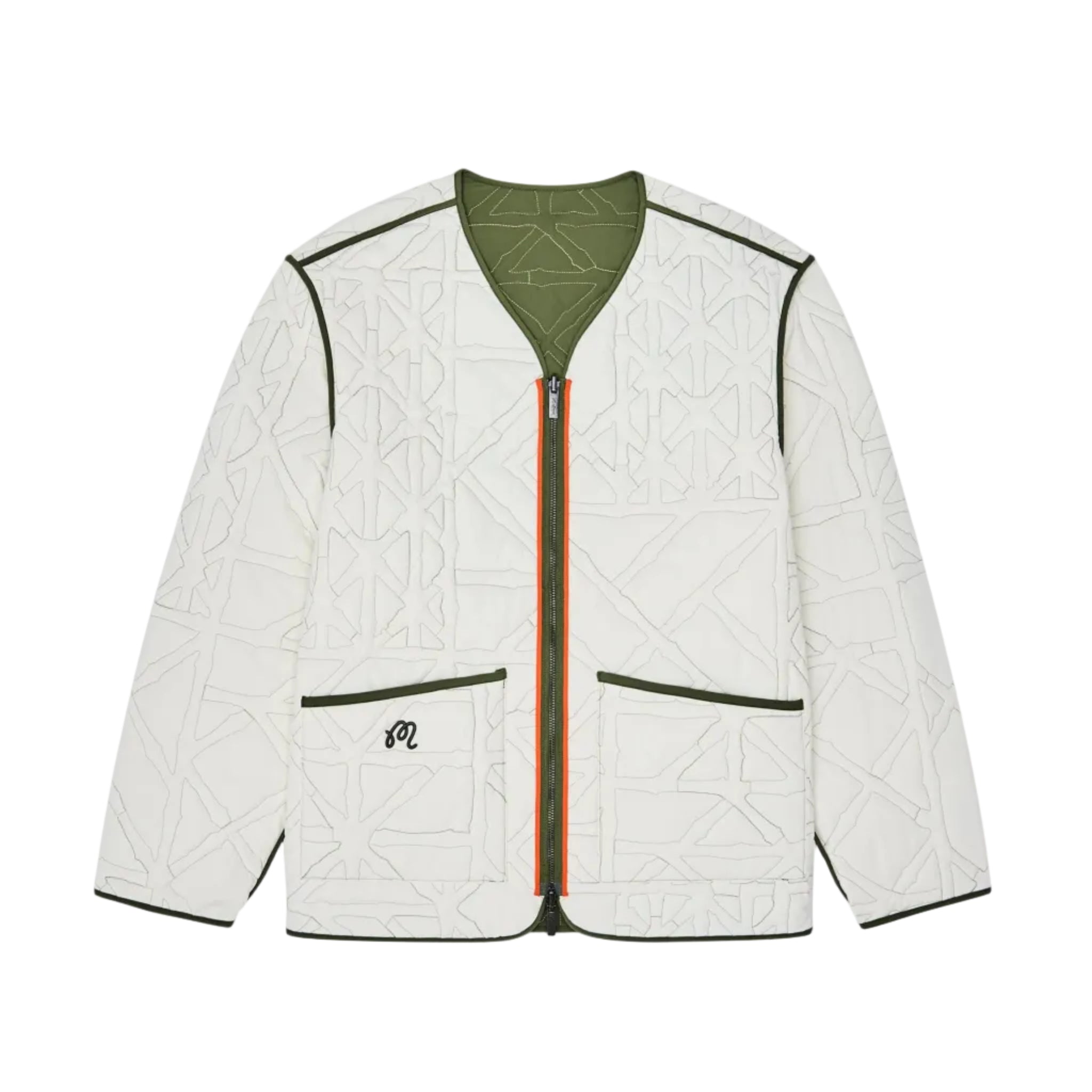 White quilted jacket with green lining on a white background