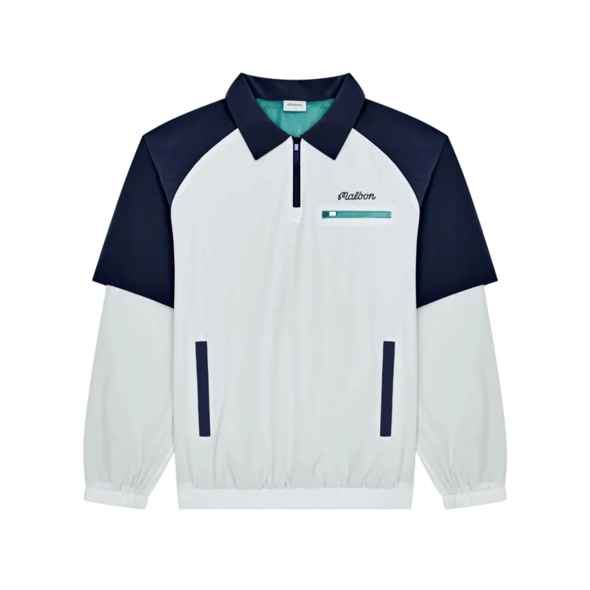 White and navy jacket with a brand logo on a white background