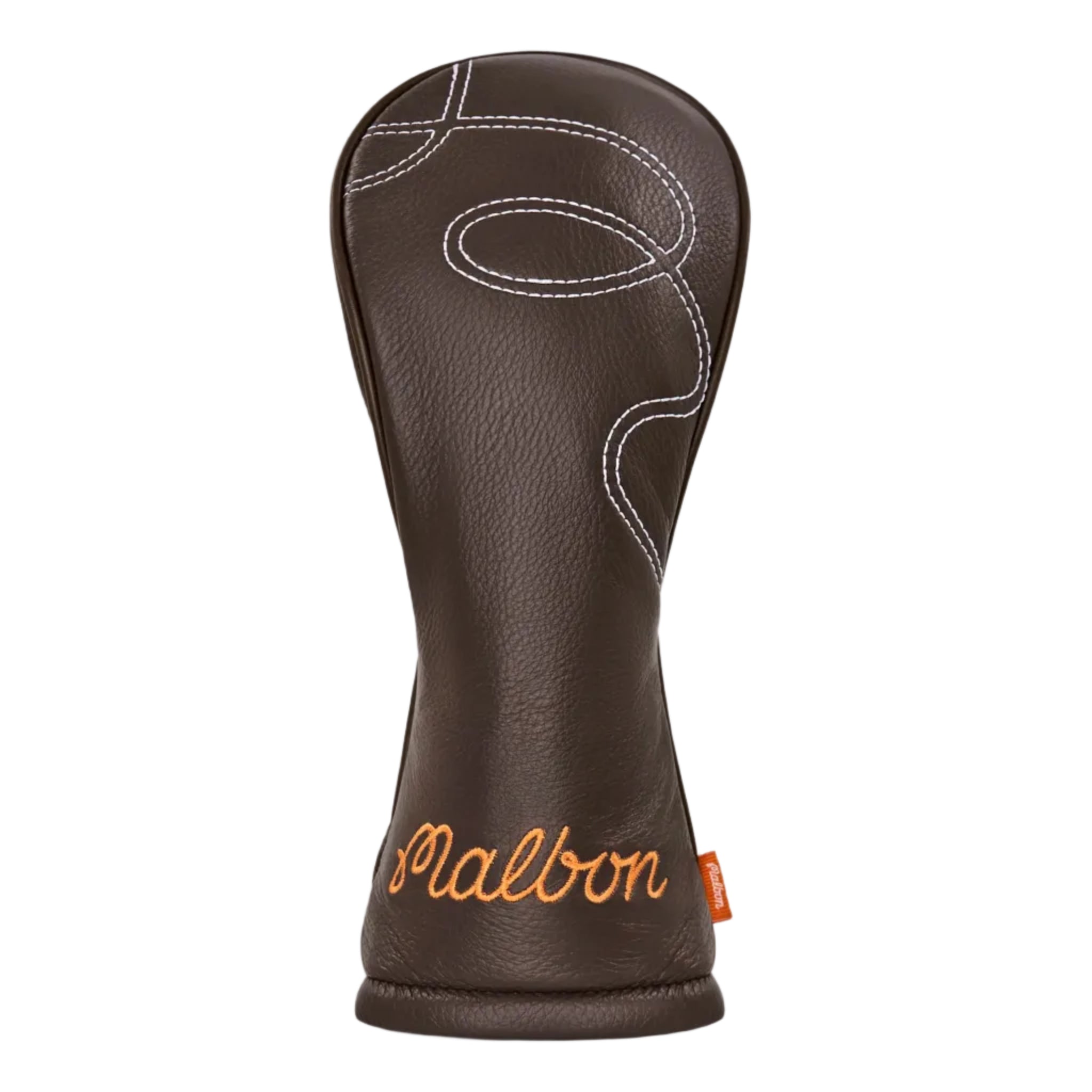 Brown golf club head cover with 'Malbon' branding on a white background