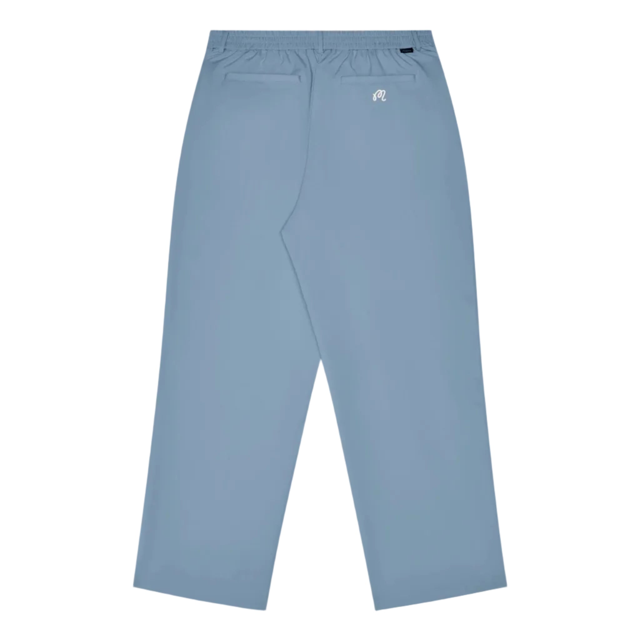 Light blue pants with a brand logo on a white background, back view