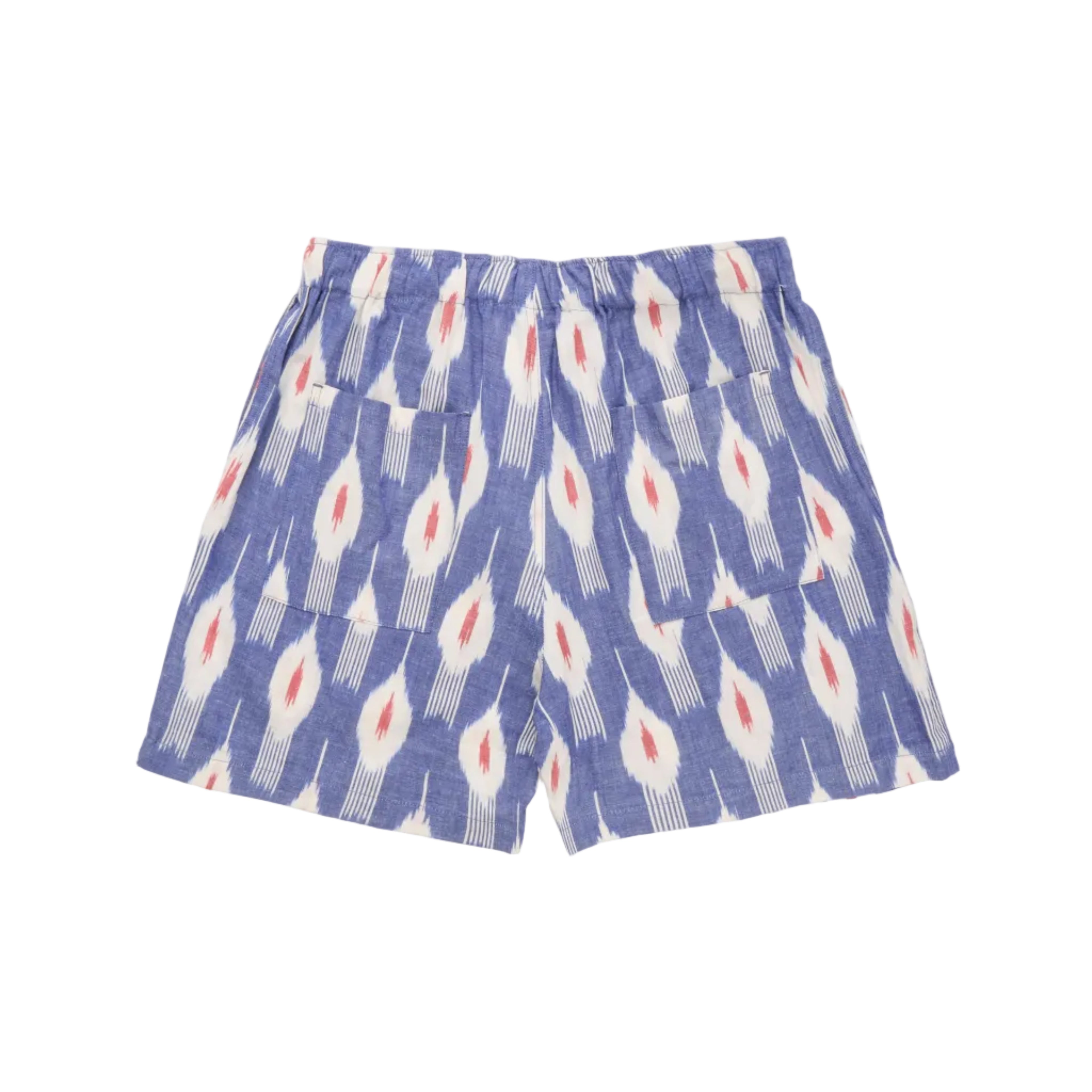 Blue shorts with a white and red pattern on a white background