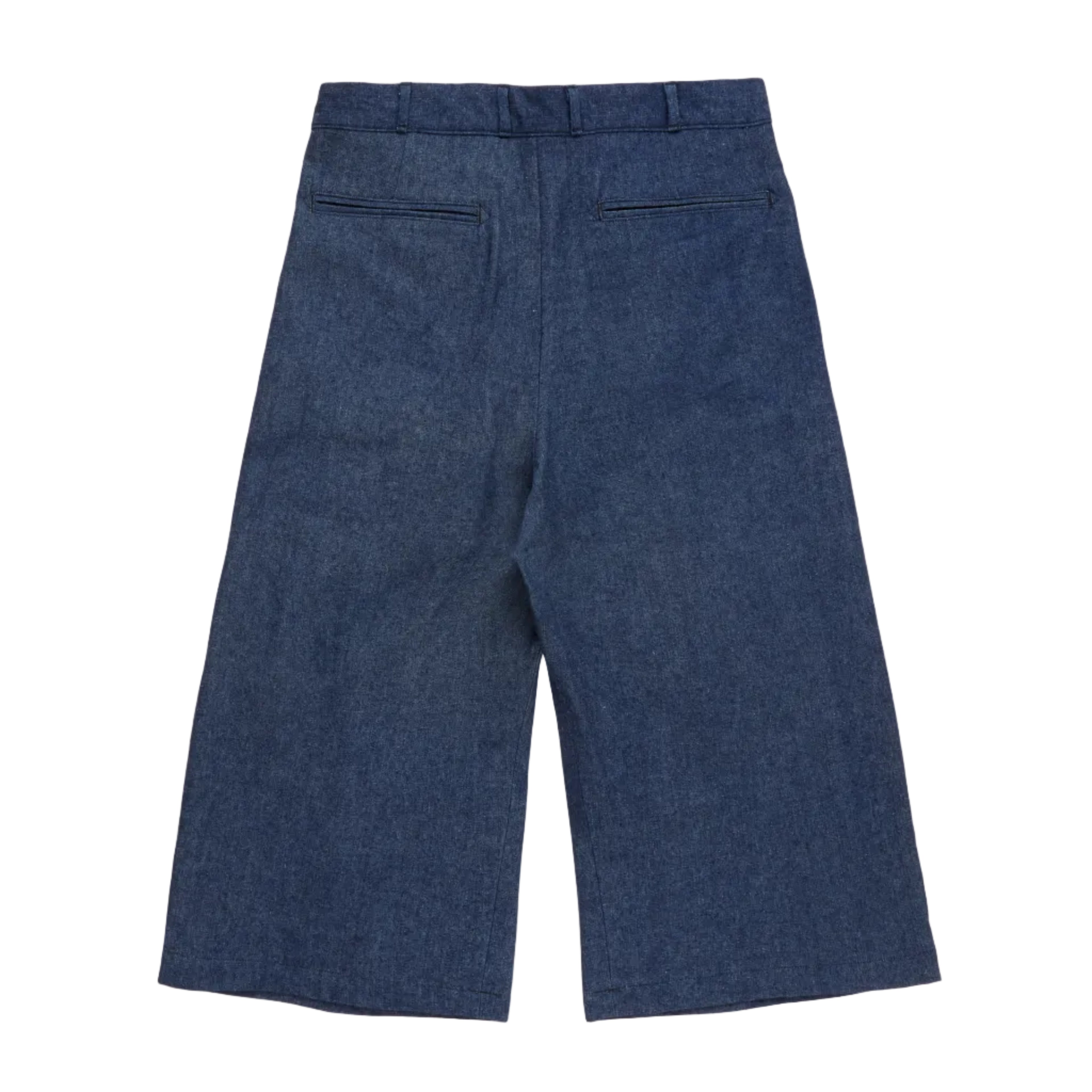 Chambray blue cropped pants on a white background. Back view.