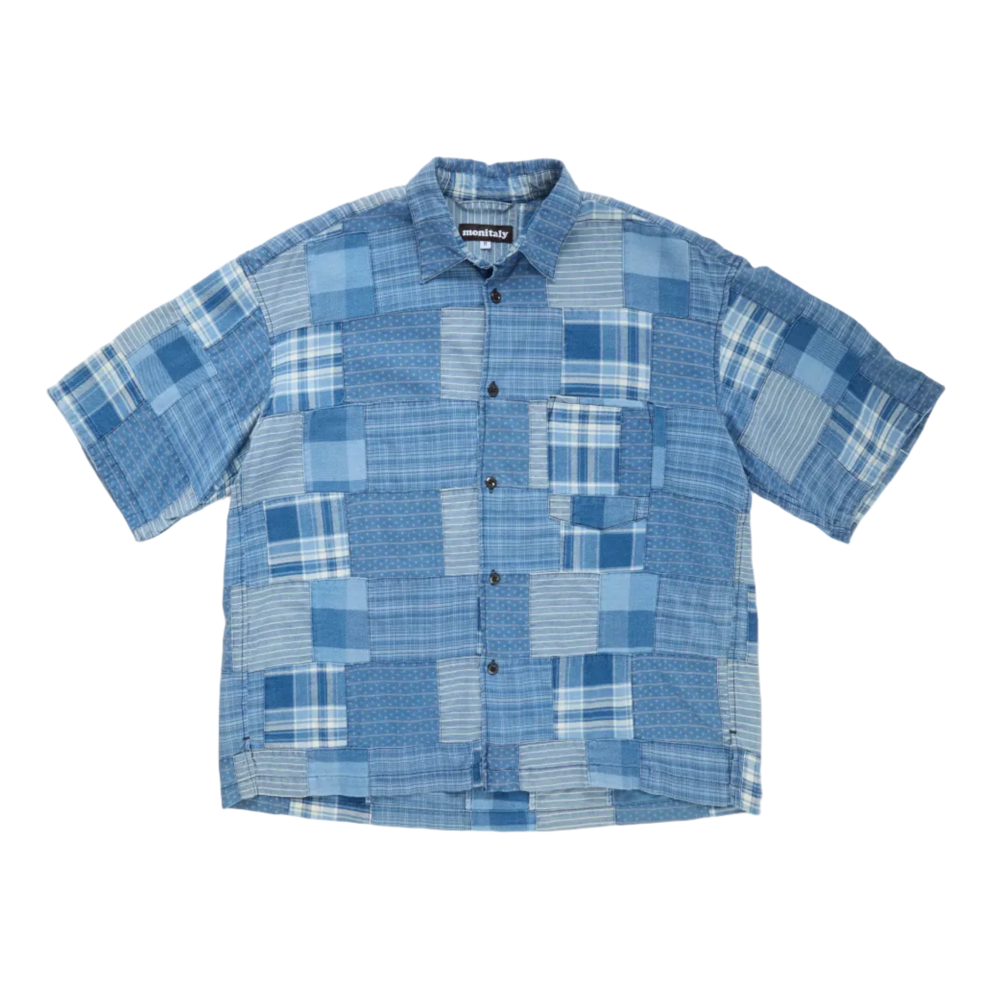 Blue plaid short-sleeve shirt on a white background