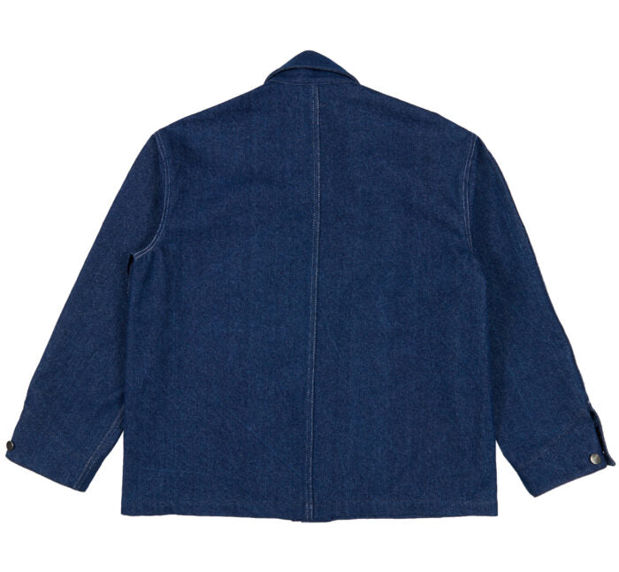 Indigo denim jacket on a white background, back view