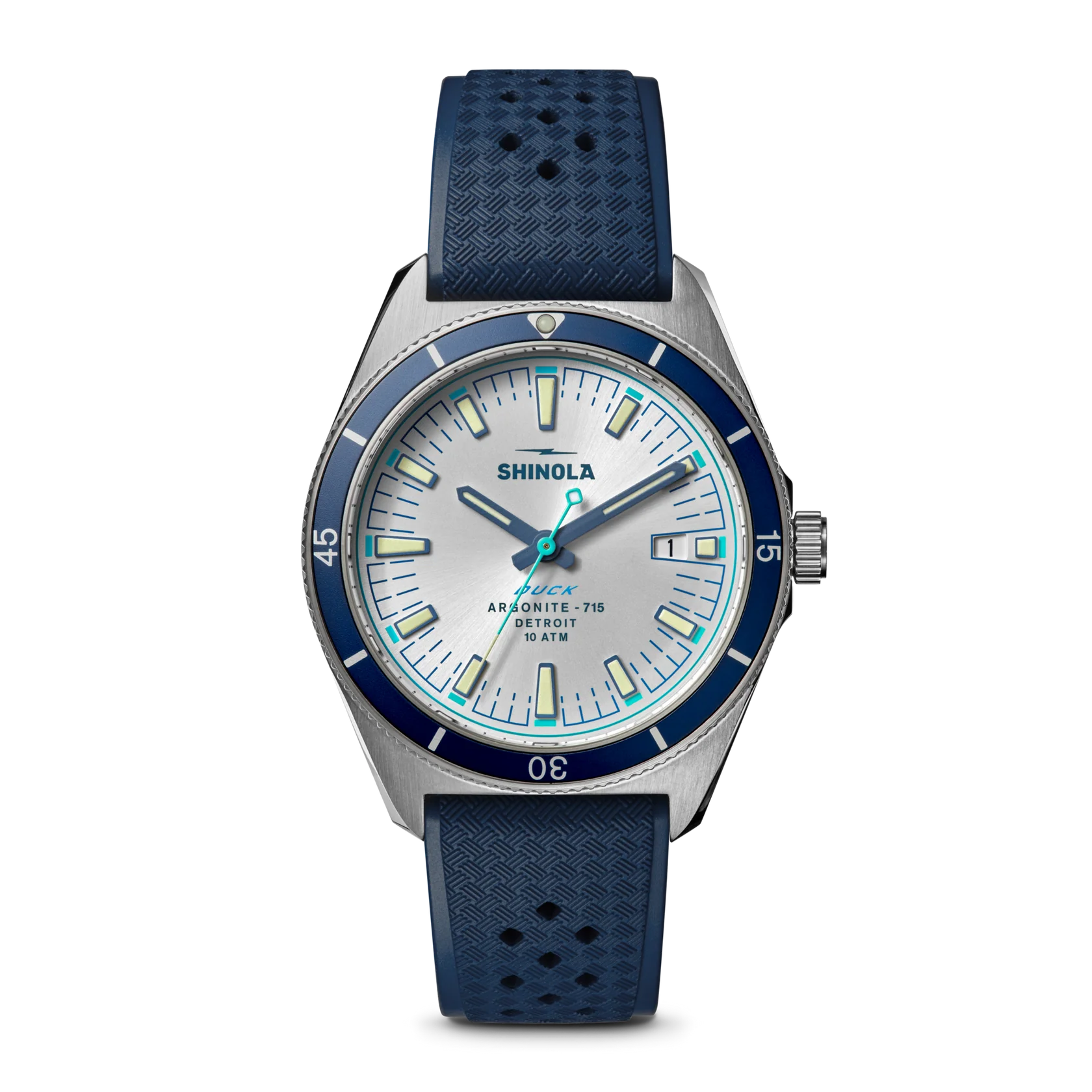 Shinola watch with blue strap and silver case on a white background