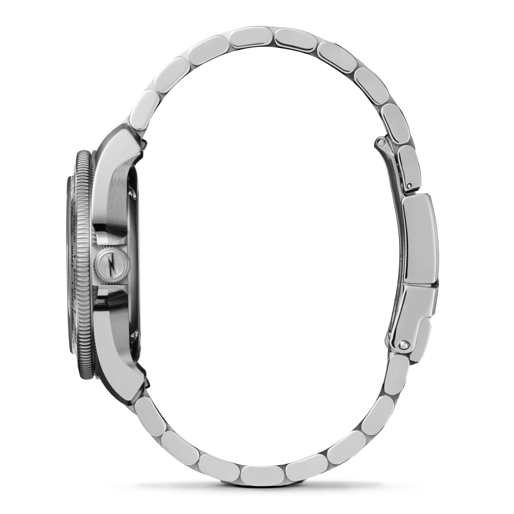 Close-up of a silver watch with a detailed band on a white background