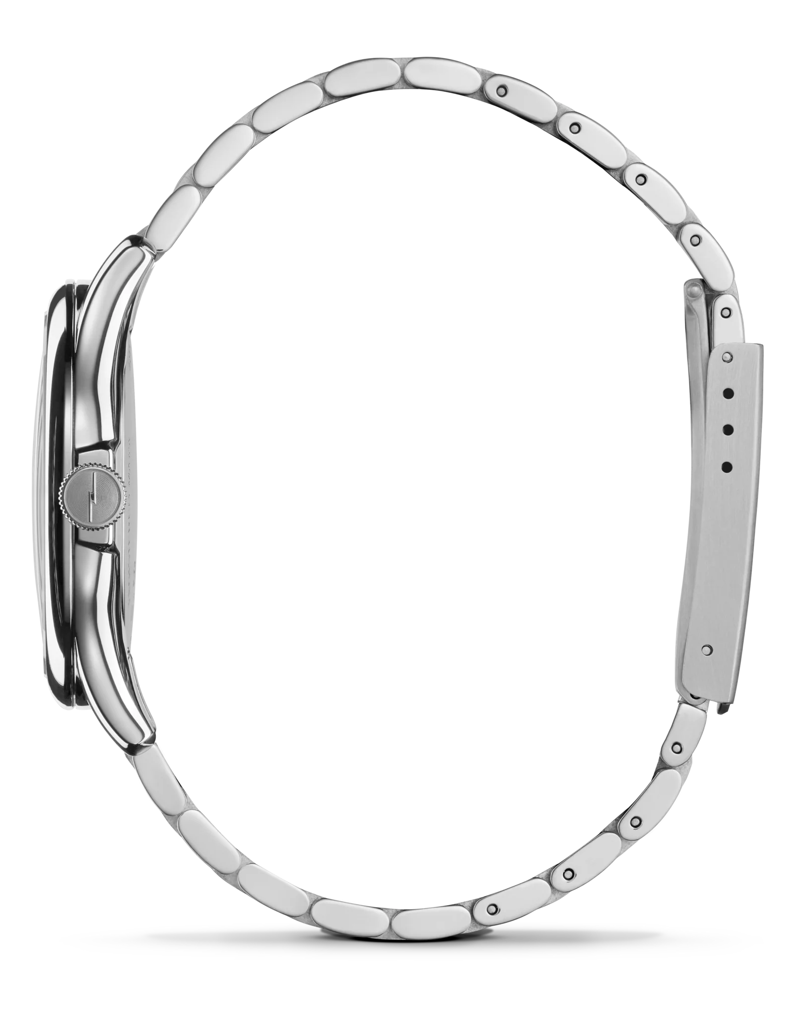 Silver watch with a metallic band on a white background