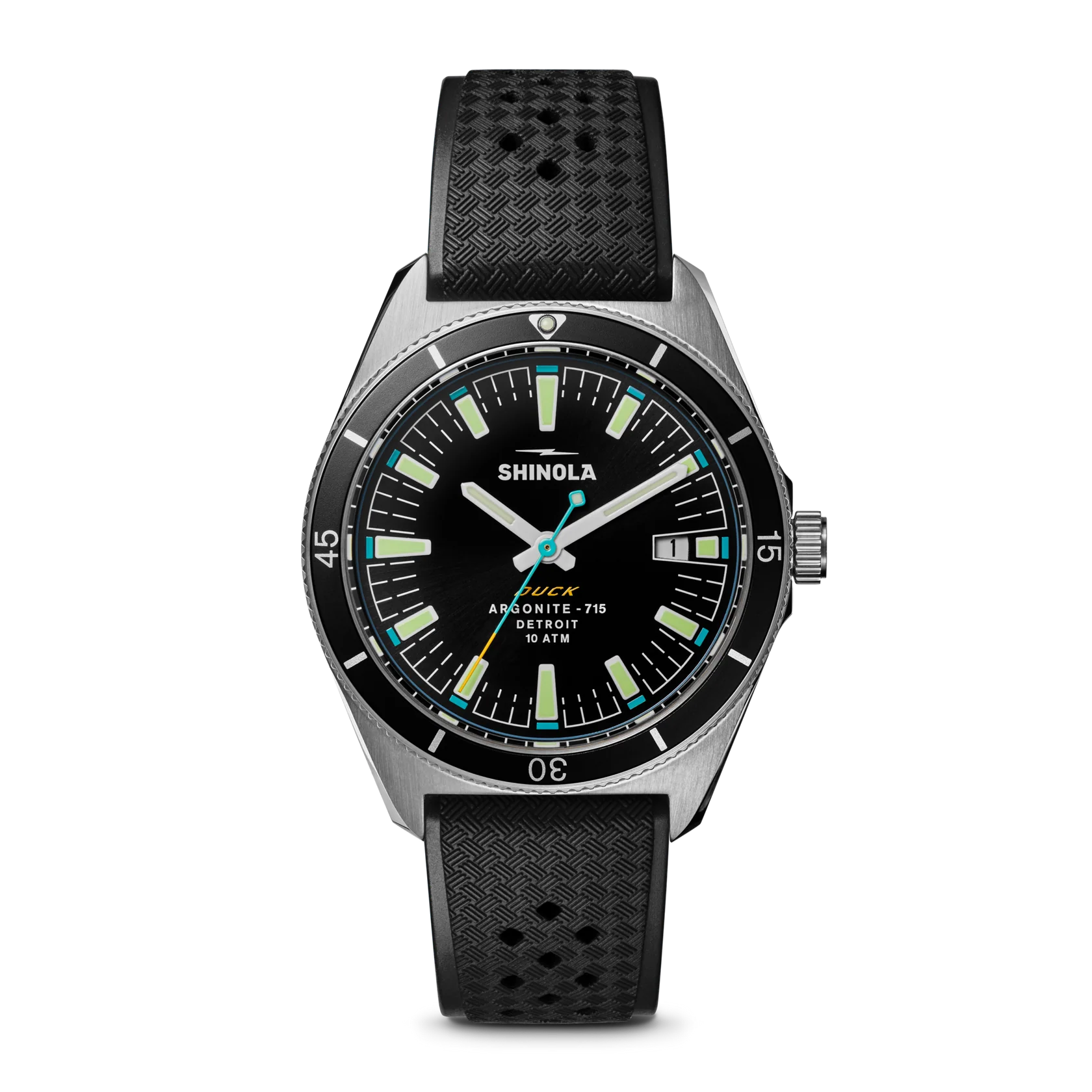 Silver watch with a black face and band on a white background