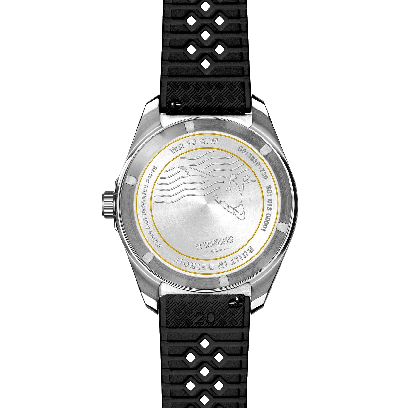 Back of a silver watch on a white background