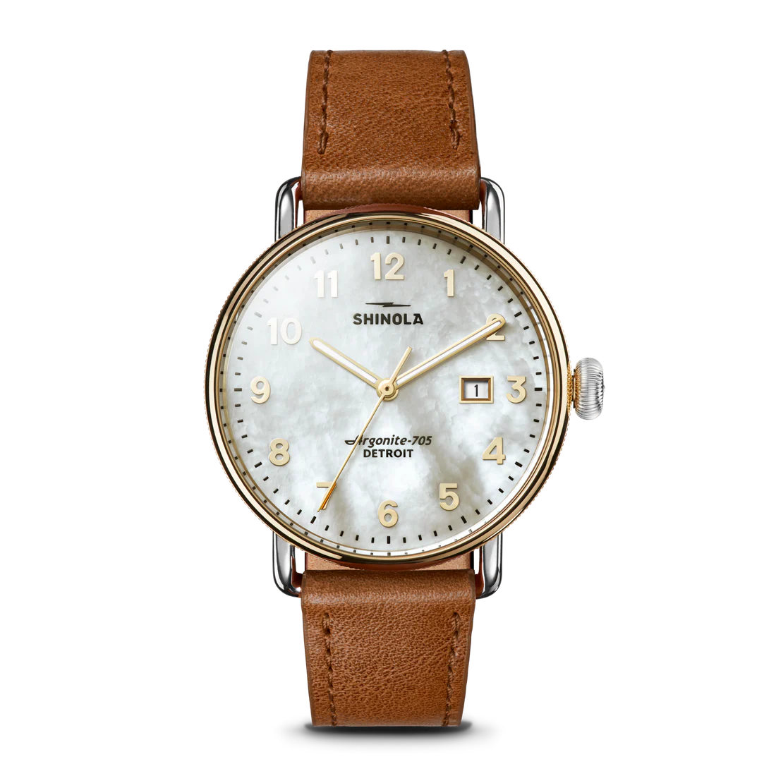 Gold watch with white face and tan band on a white background