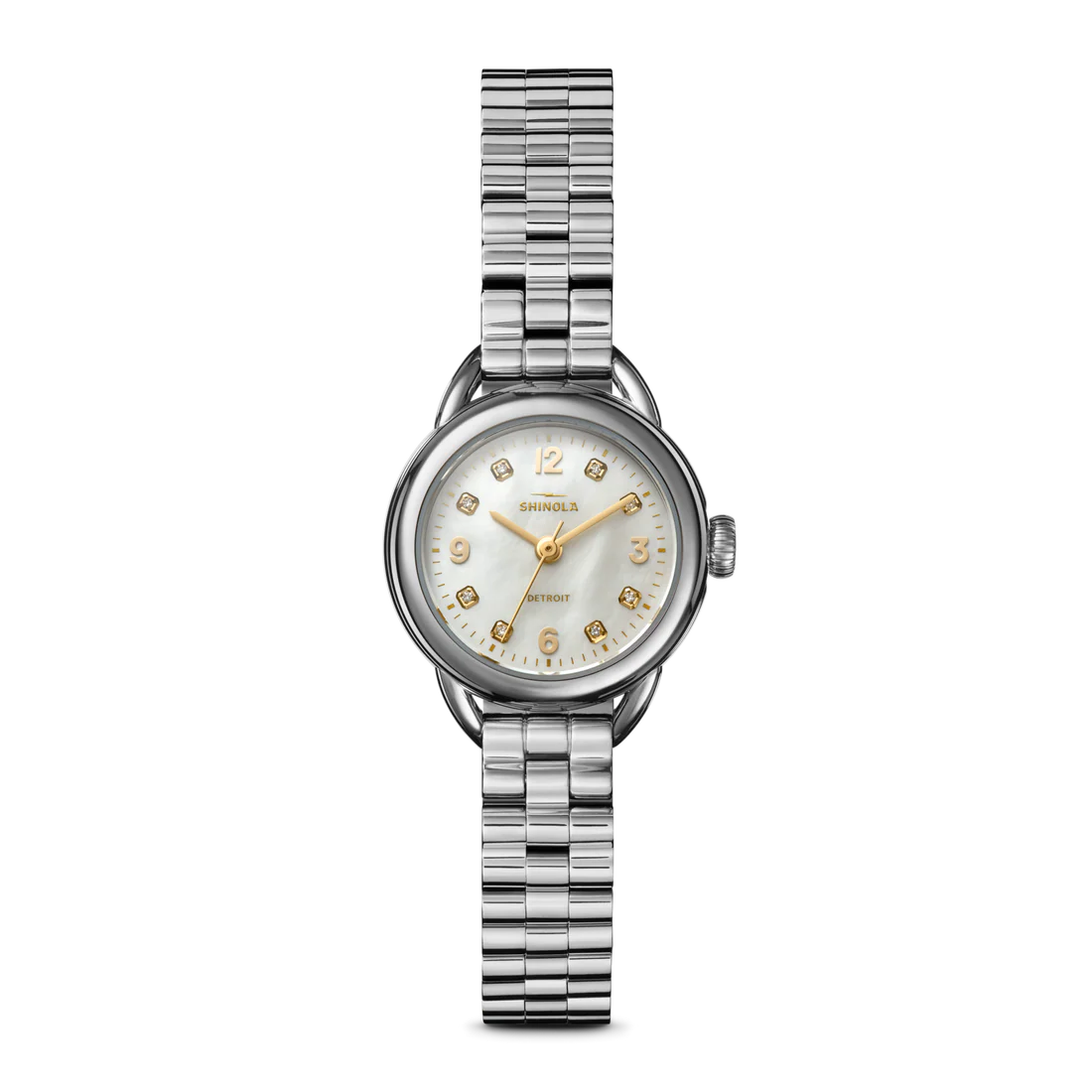 Silver Shinola watch on a white background