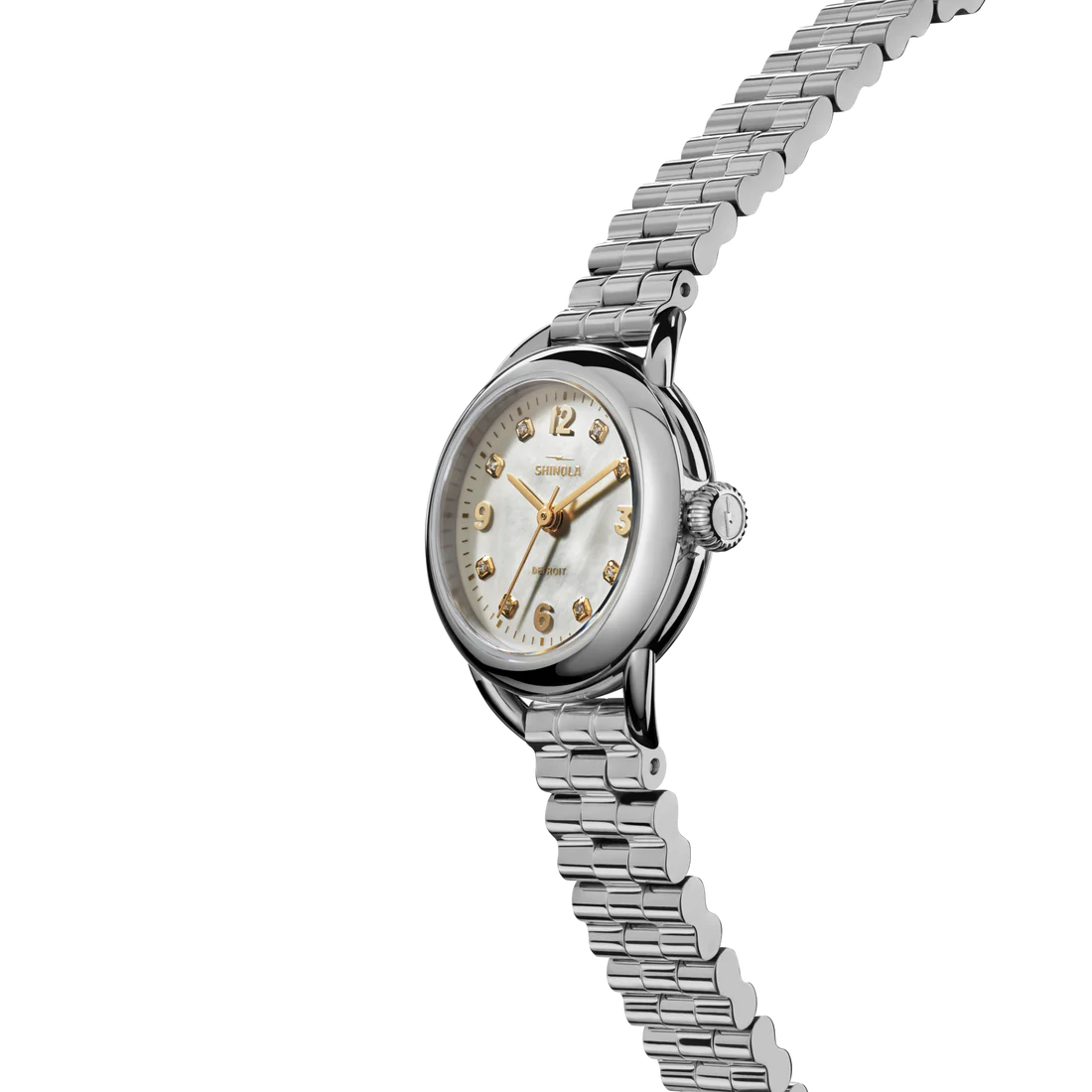 Silver Shinola watch on a white background