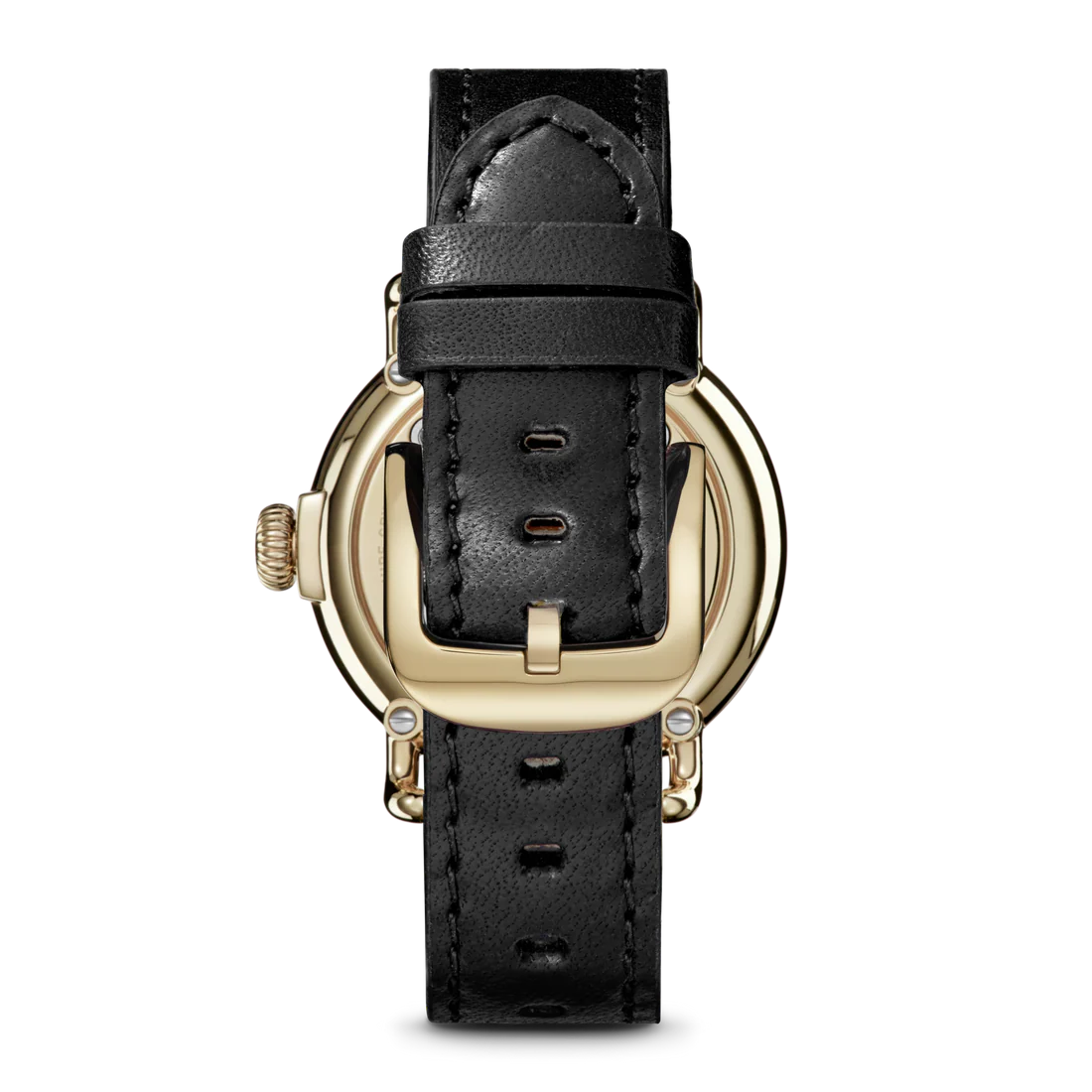 Watch with black leather strap and gold case on a white background