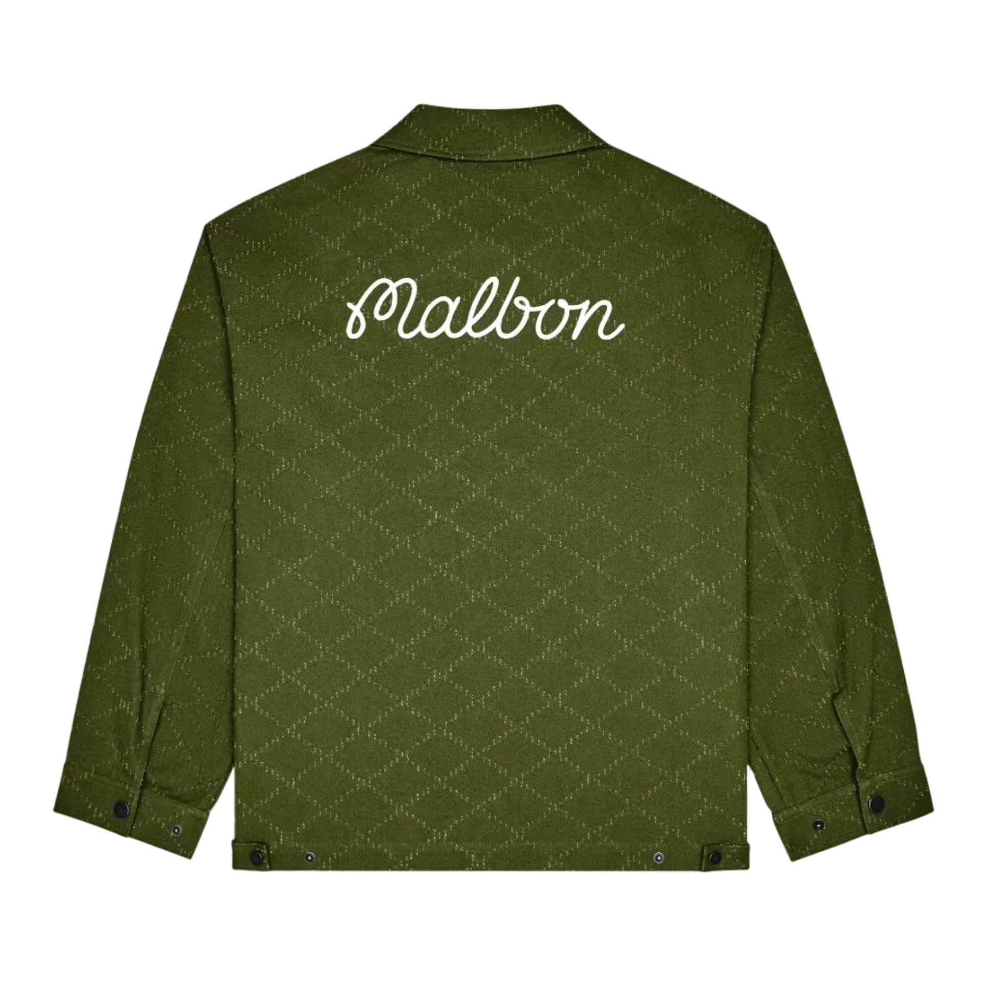 Back of a green jacket with a 'Malbon' logo across the back on a white background