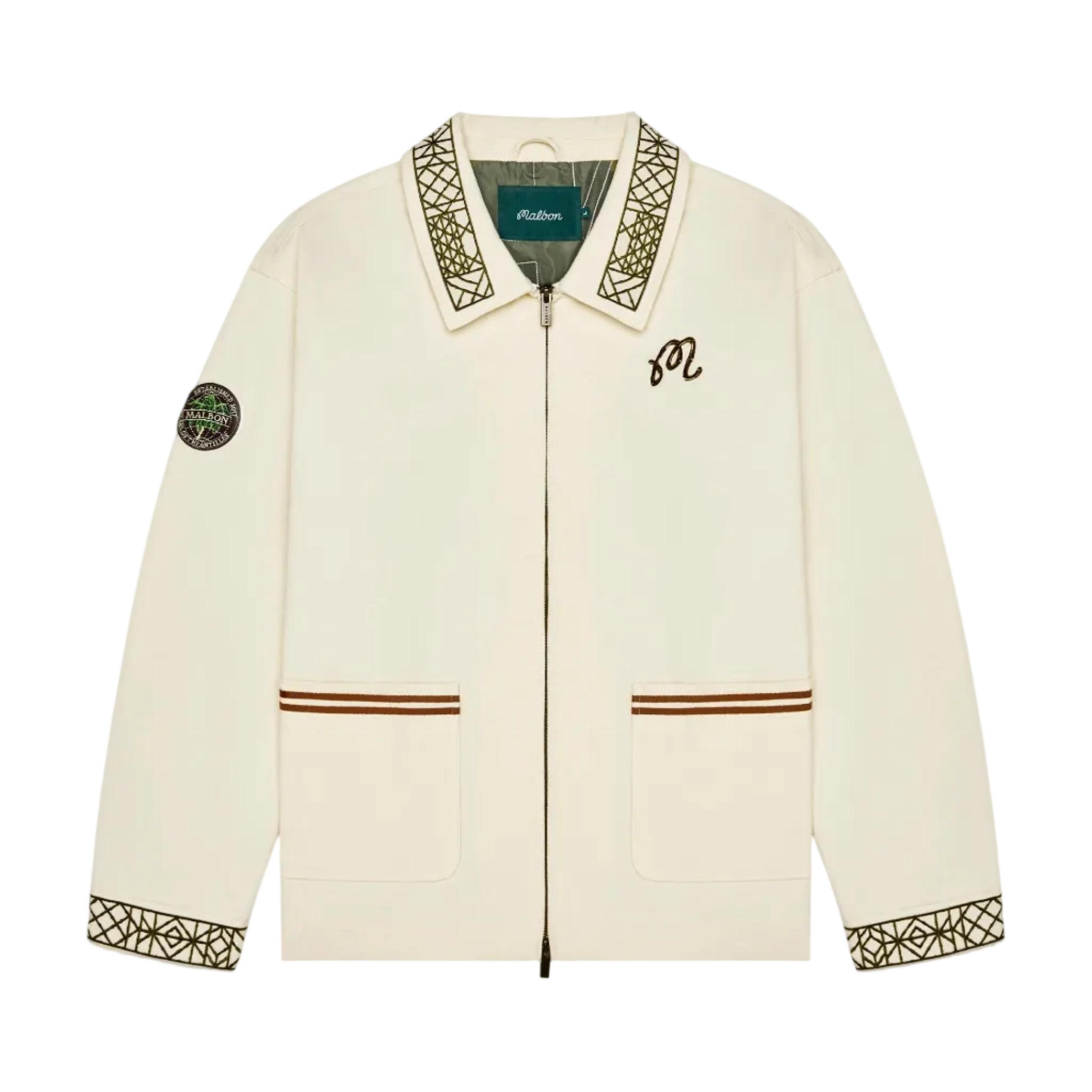 Cream-colored jacket with intricate patterns and branding on a white background