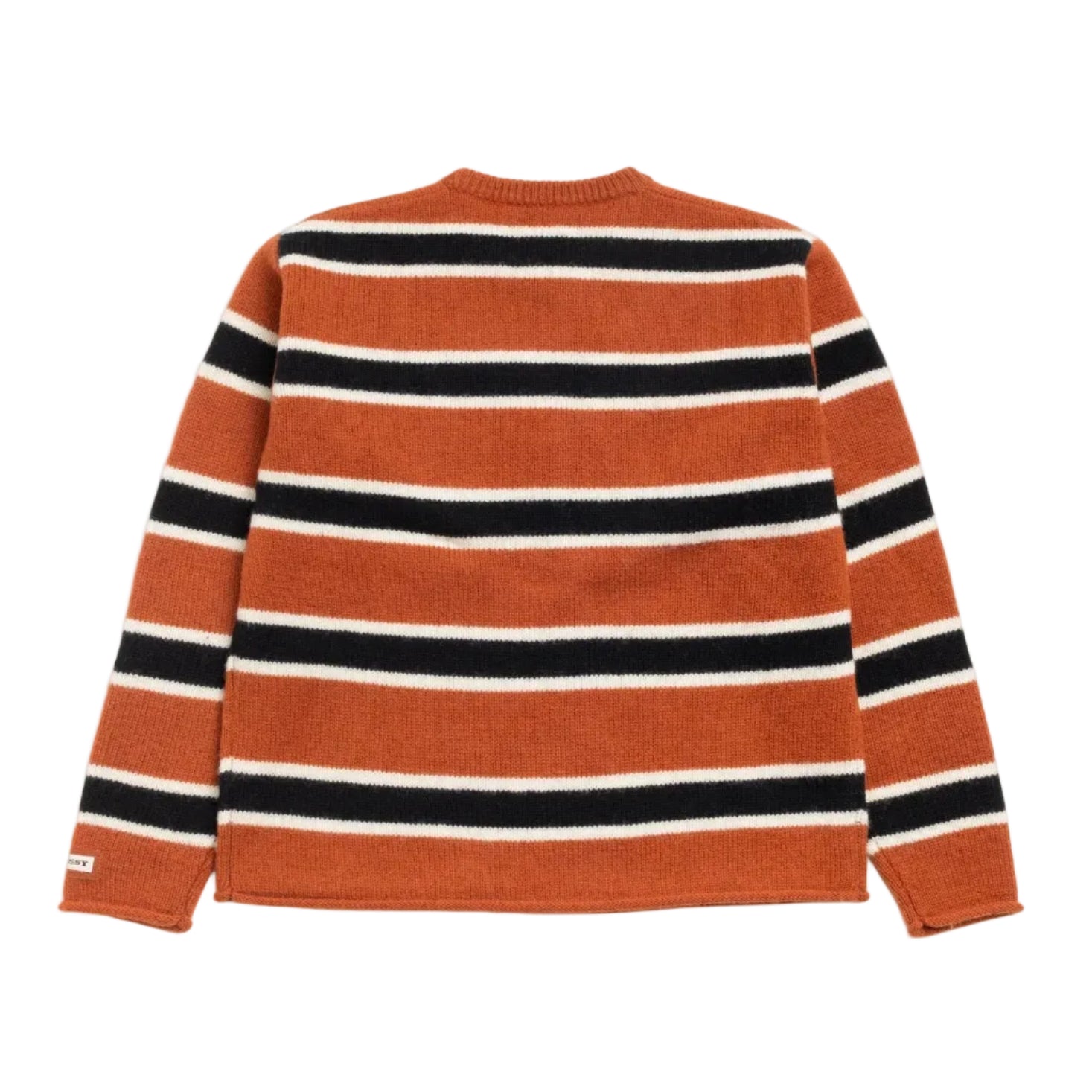 Striped sweater with orange, black, and white stripes on a white background