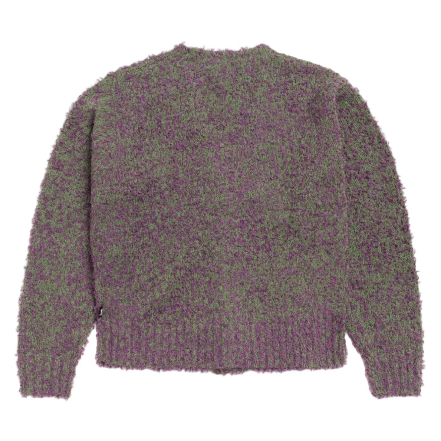Purple and green textured sweater on a white background