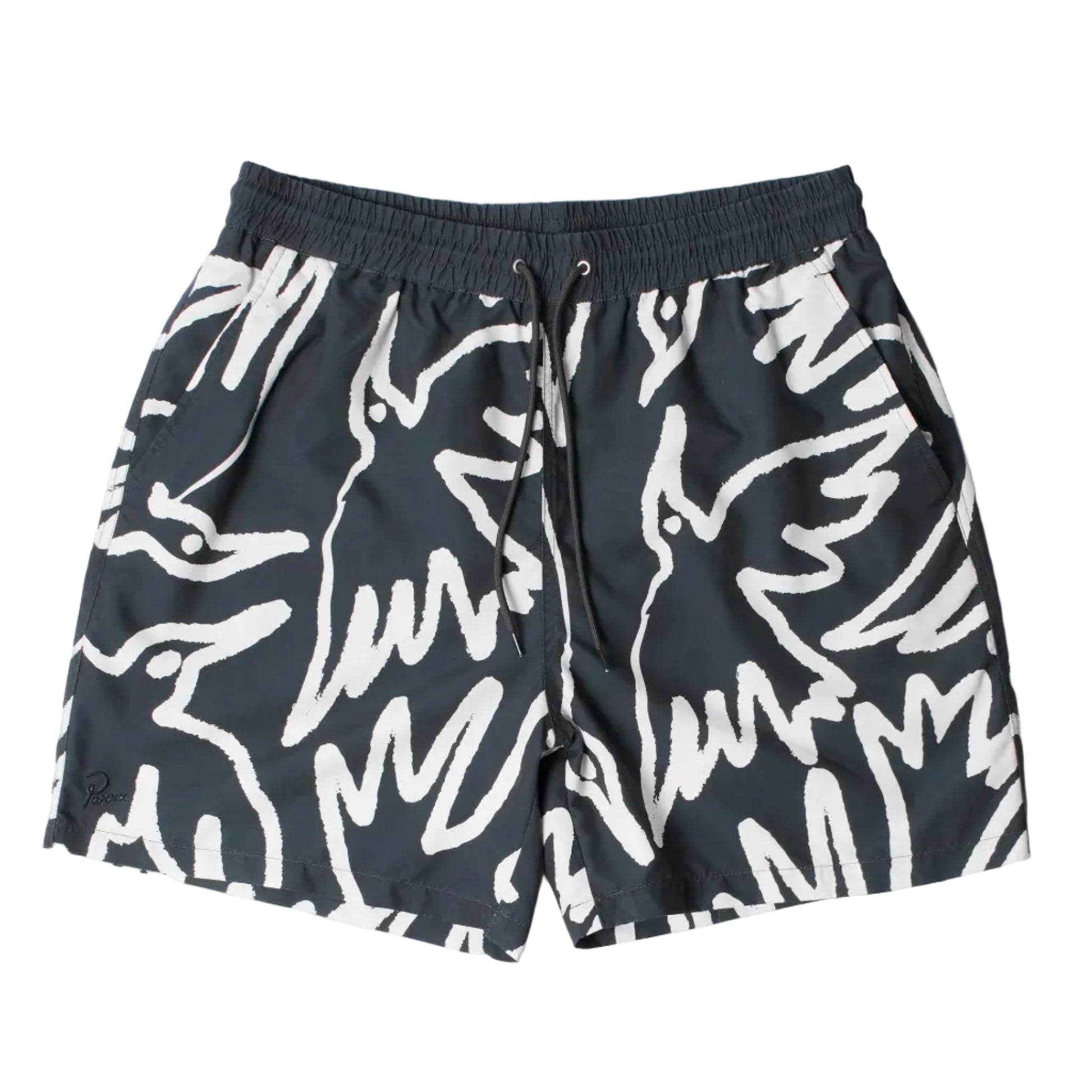 Black board shorts with an allover bird print in white on a white background