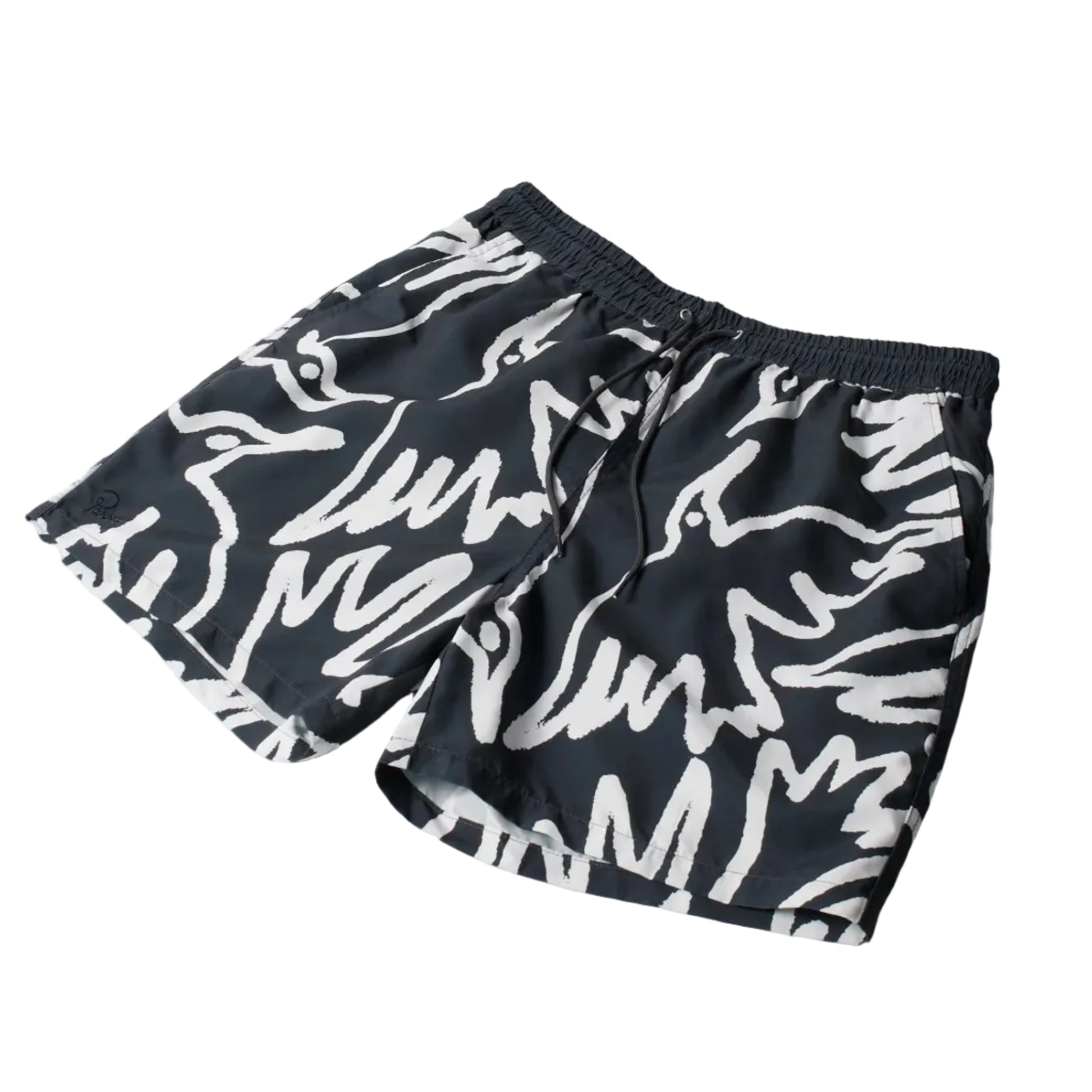 Black board shorts with an allover bird print in white on a white background