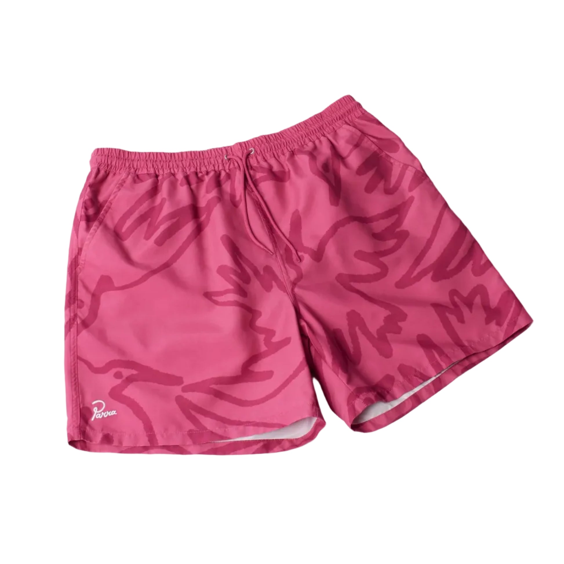Pink swim shorts on a white background