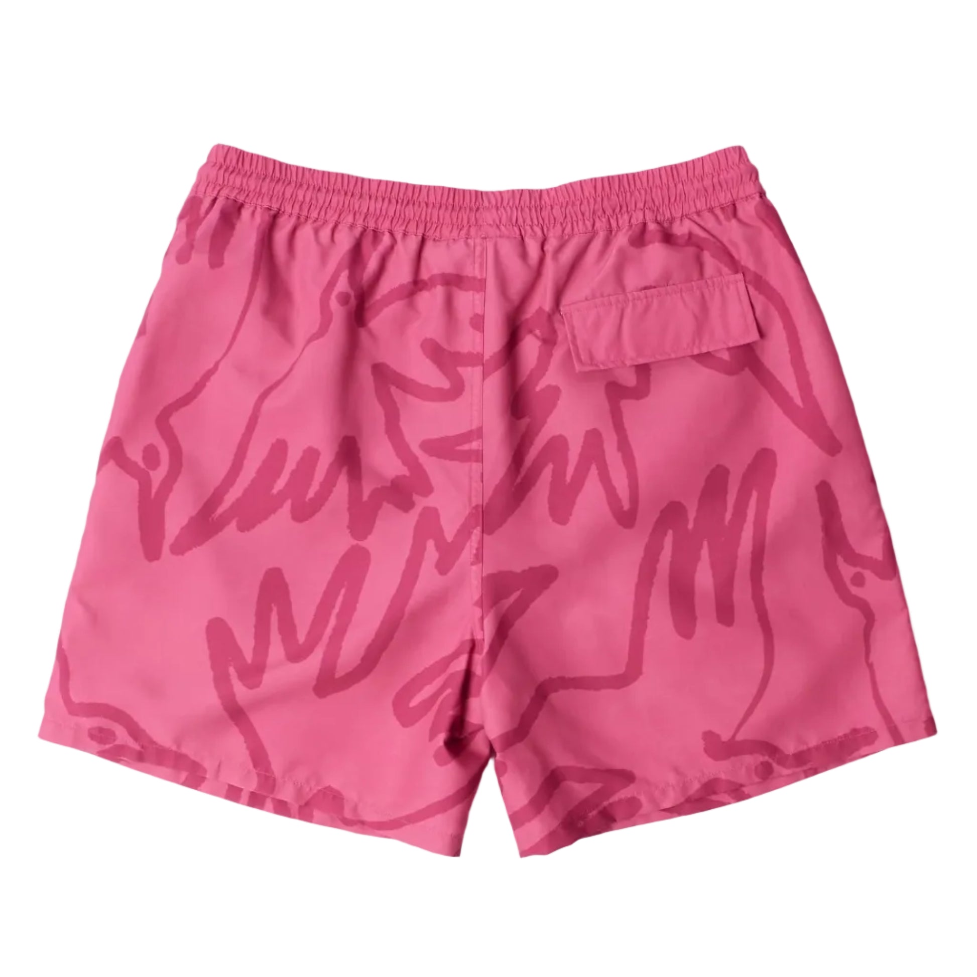 Pink shorts with an abstract pattern on a white background