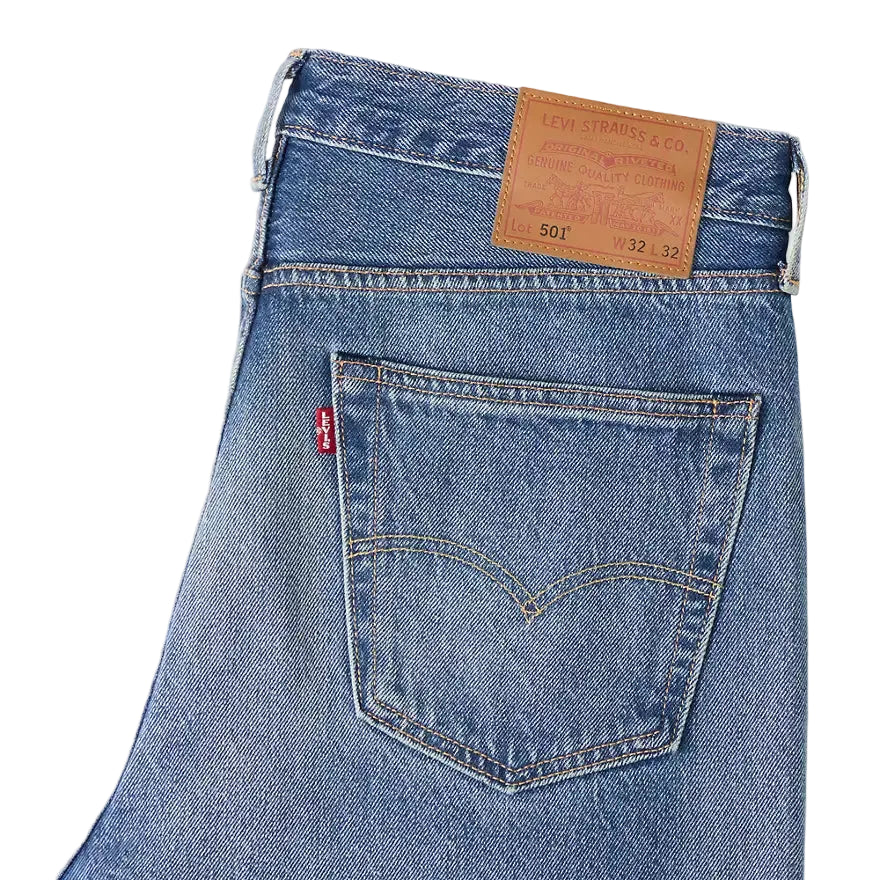 Close-up of a Levi's denim pocket with brand label on a white background