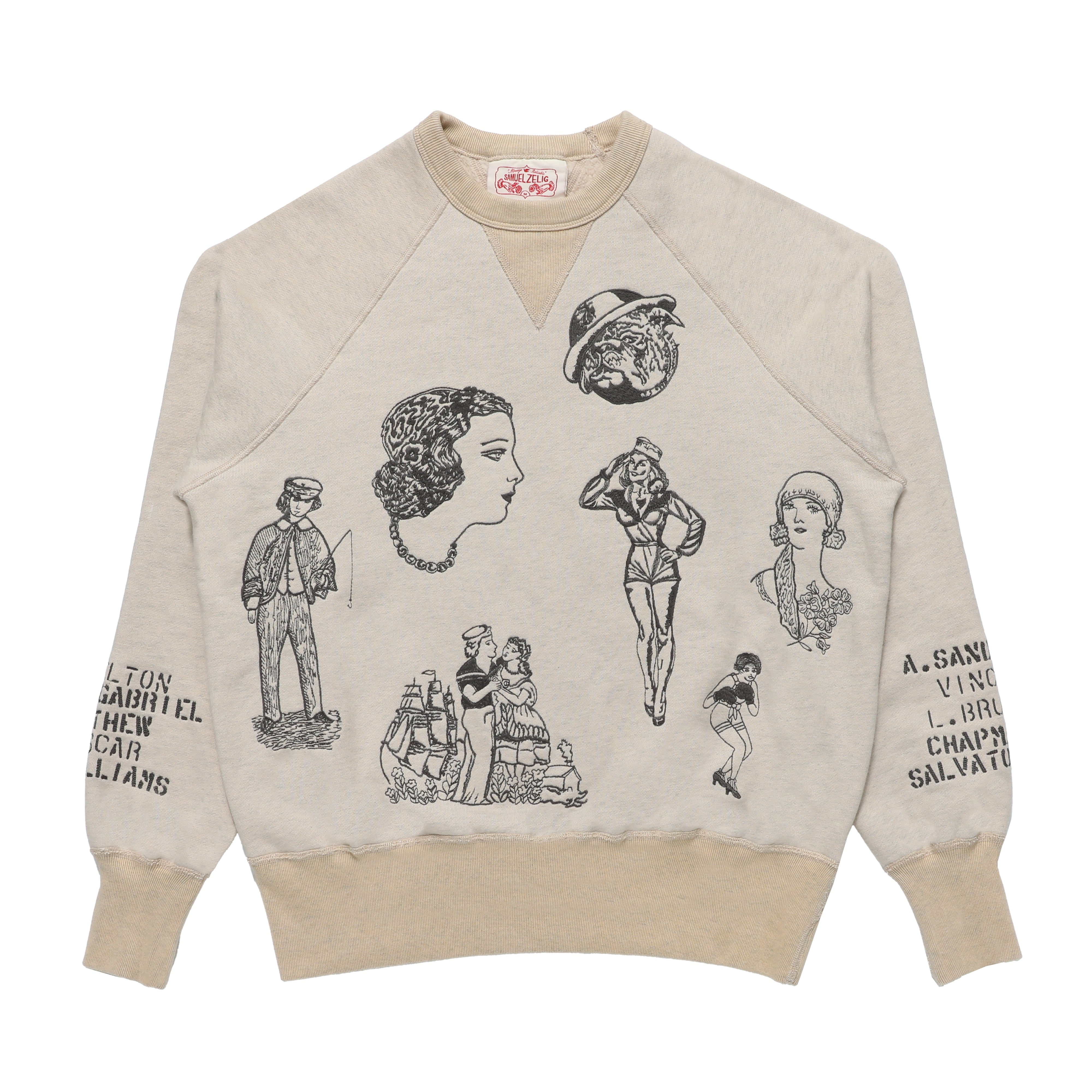 A beige crewneck sweatshirt featuring black vintage-style line art illustrations of women and men, with black text printed on both sleeves, shown flat against a white background.