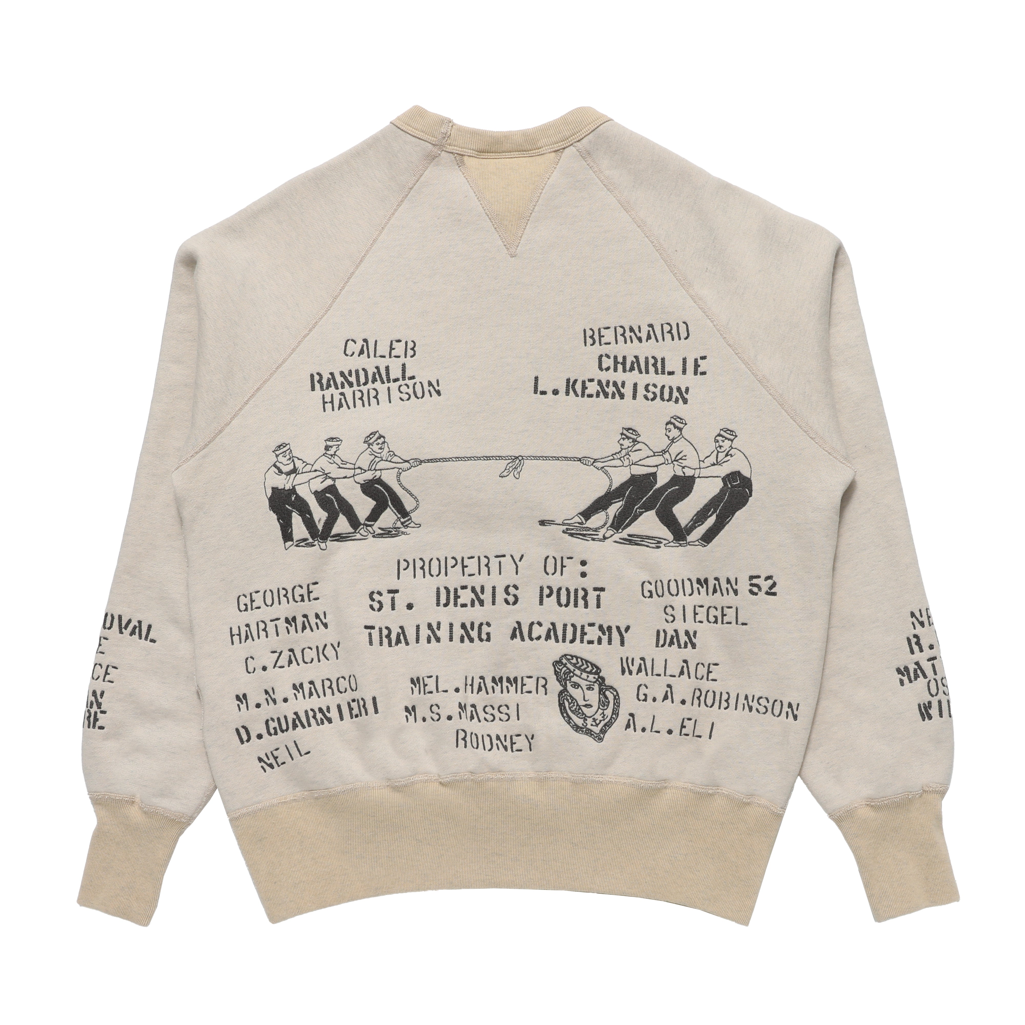 A beige crewneck sweatshirt with a black graphic print of a rowing team and text listing names and 'St. Denis Port Training Academy' on the back.